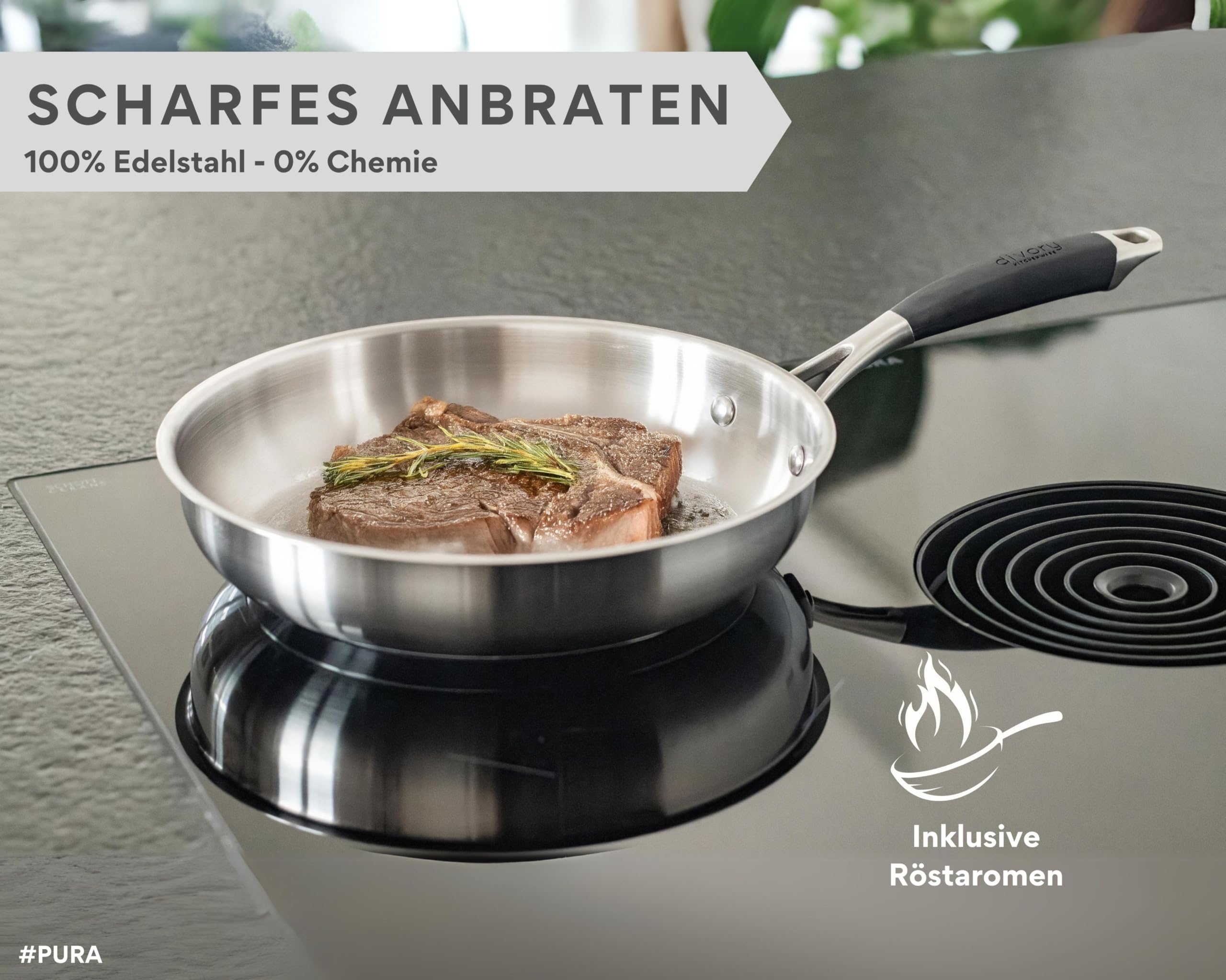 DIVORY Edelstahlpfannen Set 20, 24, 28 cm – Unbeschichtete Pfannen ohne PTFE & PFOA, Bratpfannen Edelstahl für Induktion & alle Herdarten, Pfannenset für Röstaromen – Stainless steel frying pan (PURA)