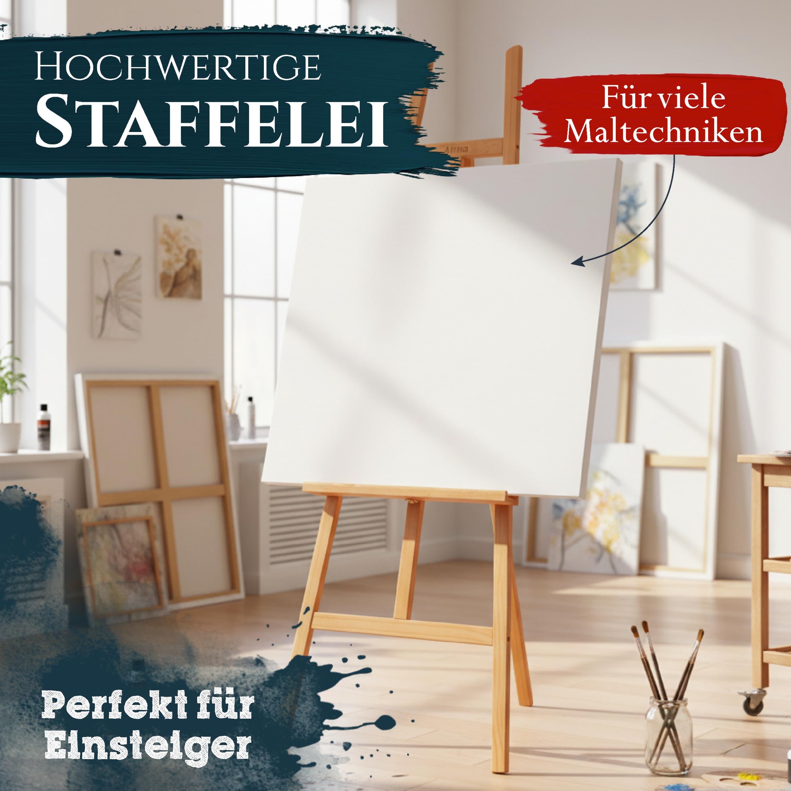 Artina Holz Staffelei klappbar aus Buchenholz für Keilrahmen bis 120cm Groß | massive Atelierstaffelei mit Malauflage für Künstler hochwertige Höhe Standstaffelei Malstaffelei Sevilla
