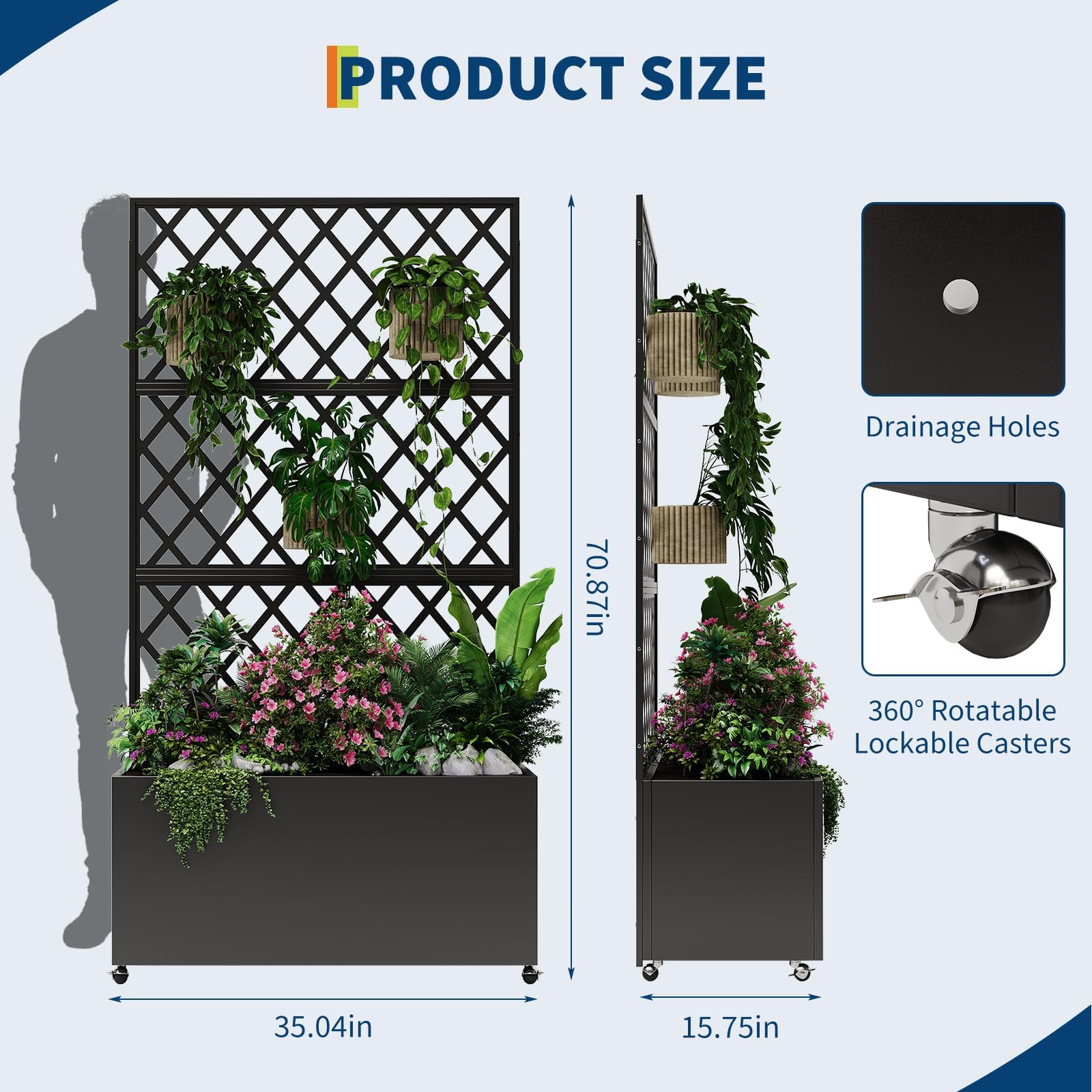 Garvee Jardinière Métal 180x117x40cm avec Treillis et Roues Verrouillables | Garvee Jardinière Métal 180x117x40cm avec Treillis et Roues Verrouillables
