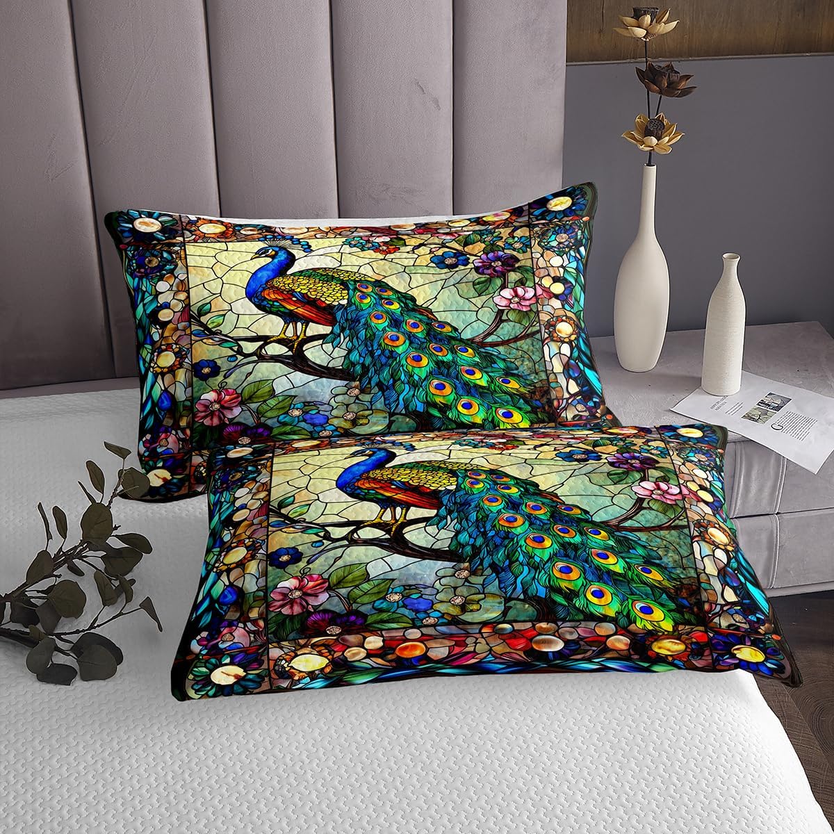 Colorful Peacock Bedspread Queen Size,Luxurious Bird Bedding Set 3Pcs for Kids Teens Adult Room Decor,Vintage Baroque Comforter Set Wild Animals Quilt Coverlet,2 Pillowcases