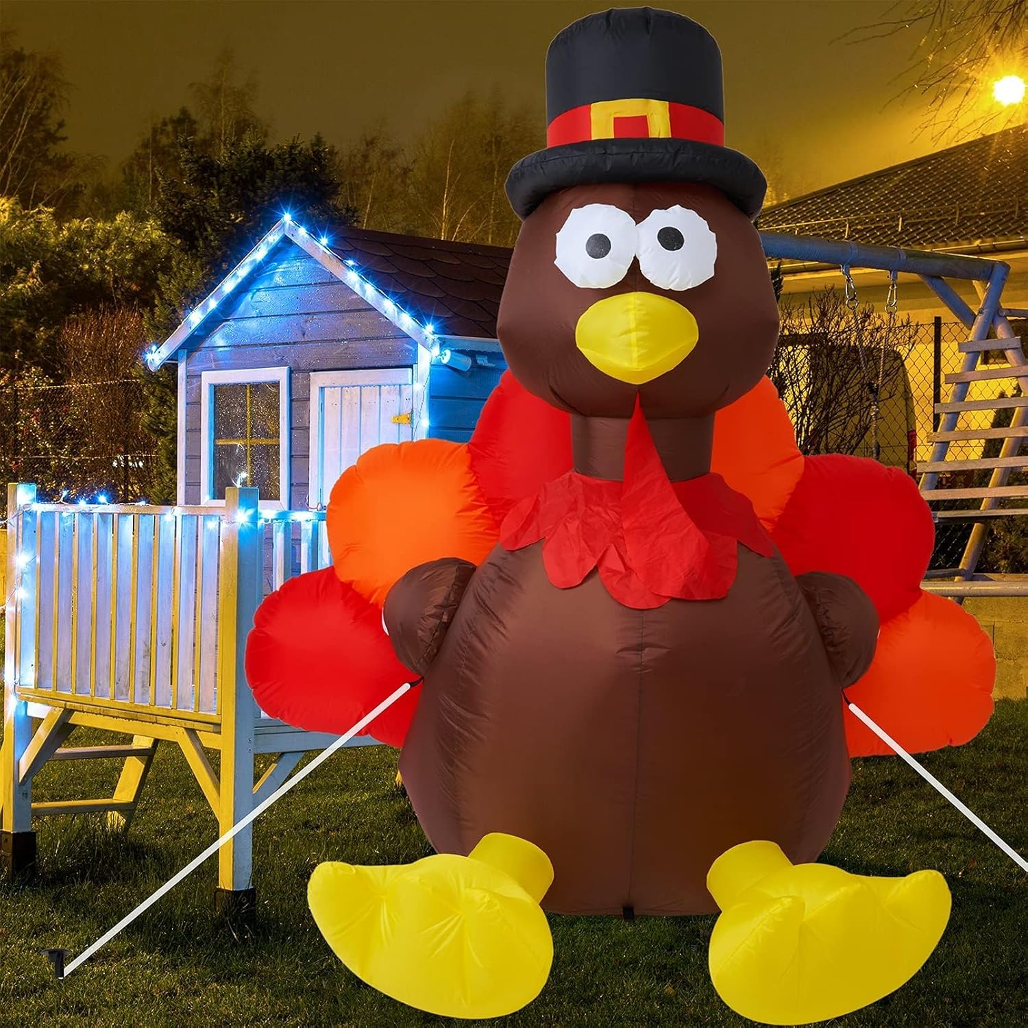 Thanksgiving 6FT Inflatable Turkey with Pilgrim Hat Yard Decoration - LED Light Up Blow Up Turkey for Outdoor Indoor Lawn Thanksgiving Yard Decorations and Autumn Holiday Family Party Display Garden