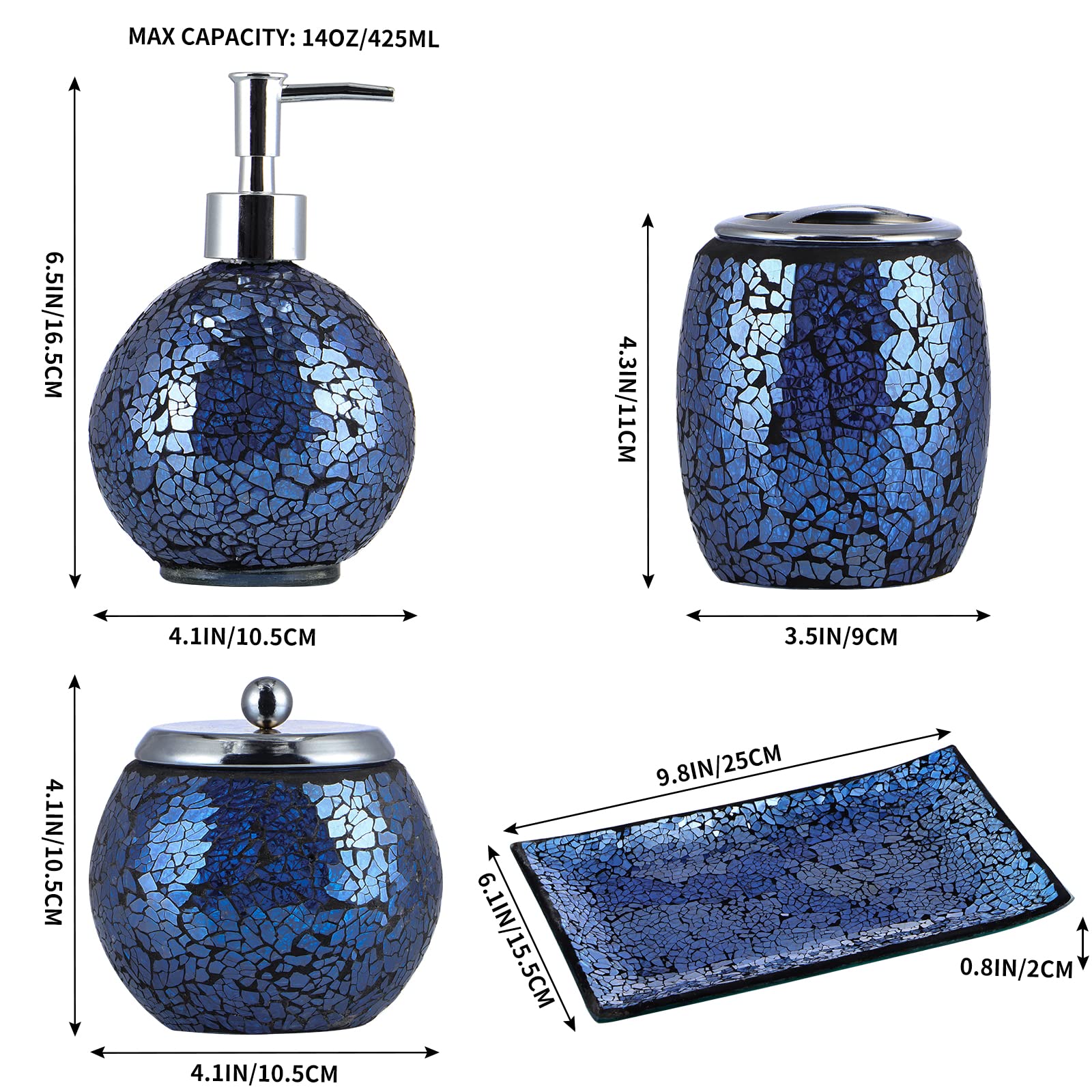 Set di accessori da bagno in ceramica blu mosaico dal design moderno (4 pezzi) con bottiglia per lozione, portaspazzolino, bicchiere e dispenser di sapone
