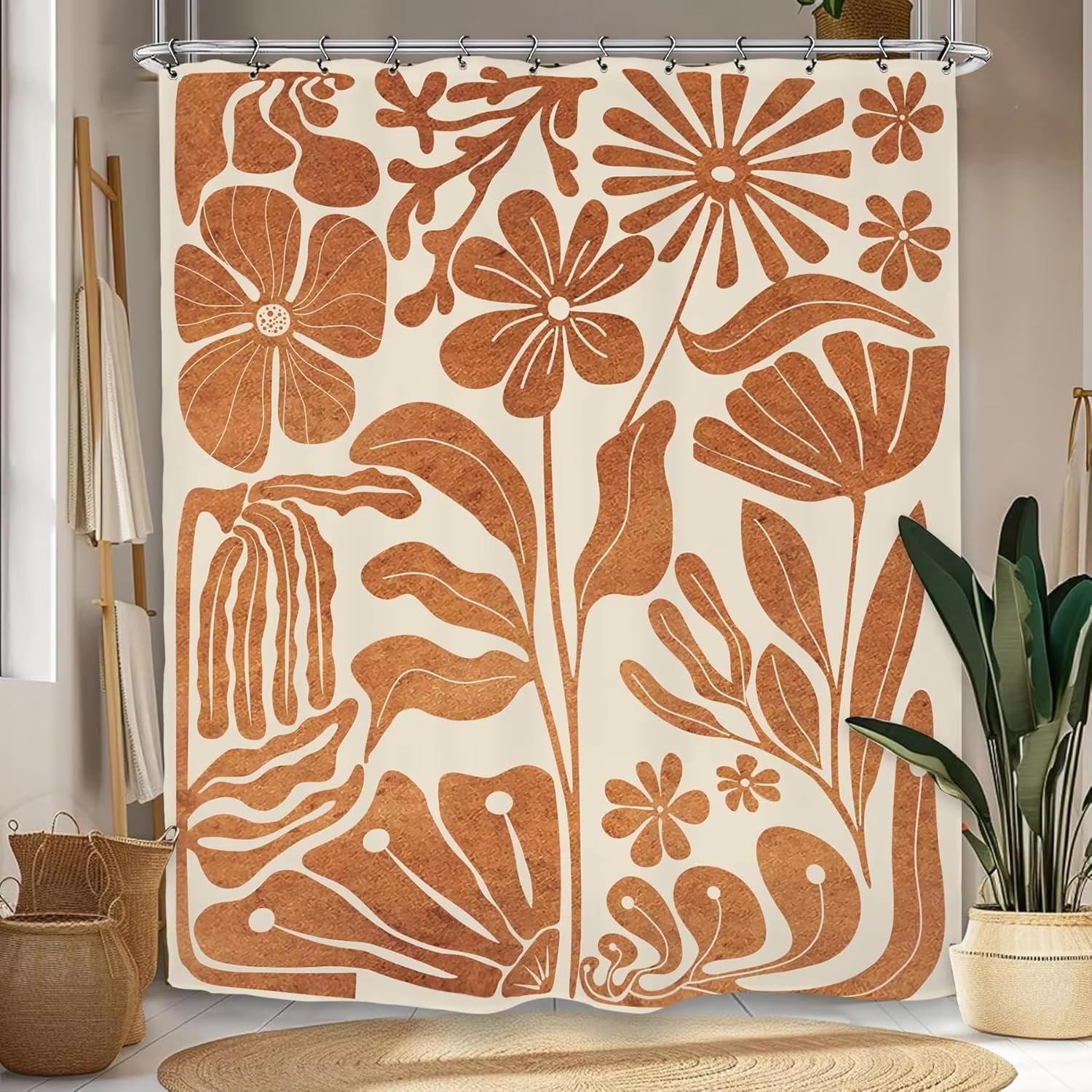 Rideau de Douche Rustique Marron à Motif Floral, Style bohème, Tons Terre, en Polyester imperméable (200 x 235 cm (79 x 93 po))