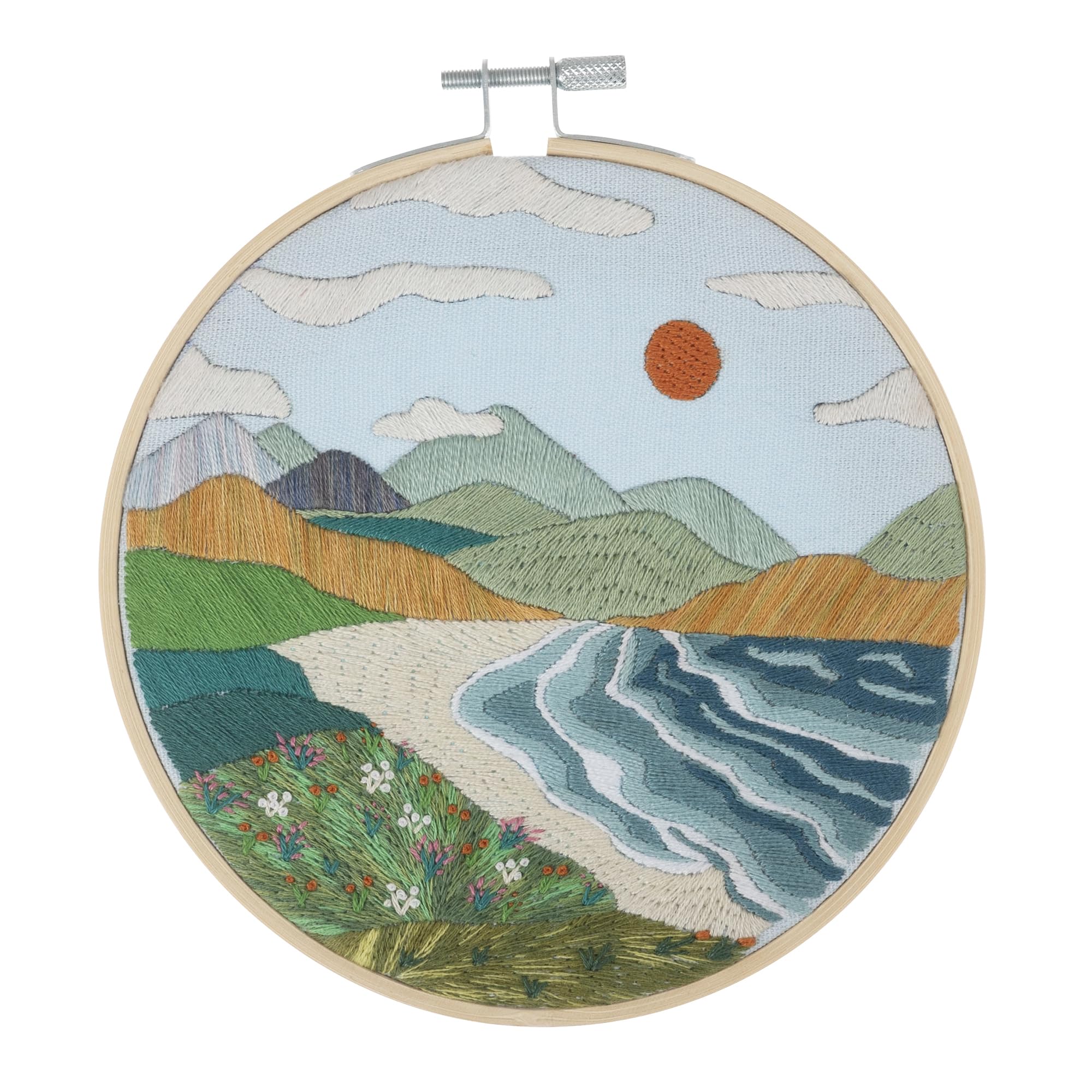 Trimits Embroidery Kits - 15cm 6" Embroidery Beginners Kit, Cross Stitch Kits for Adults, Starter Set with Bamboo Hoop, Fabric, Threads, Needle & Backing - Coast