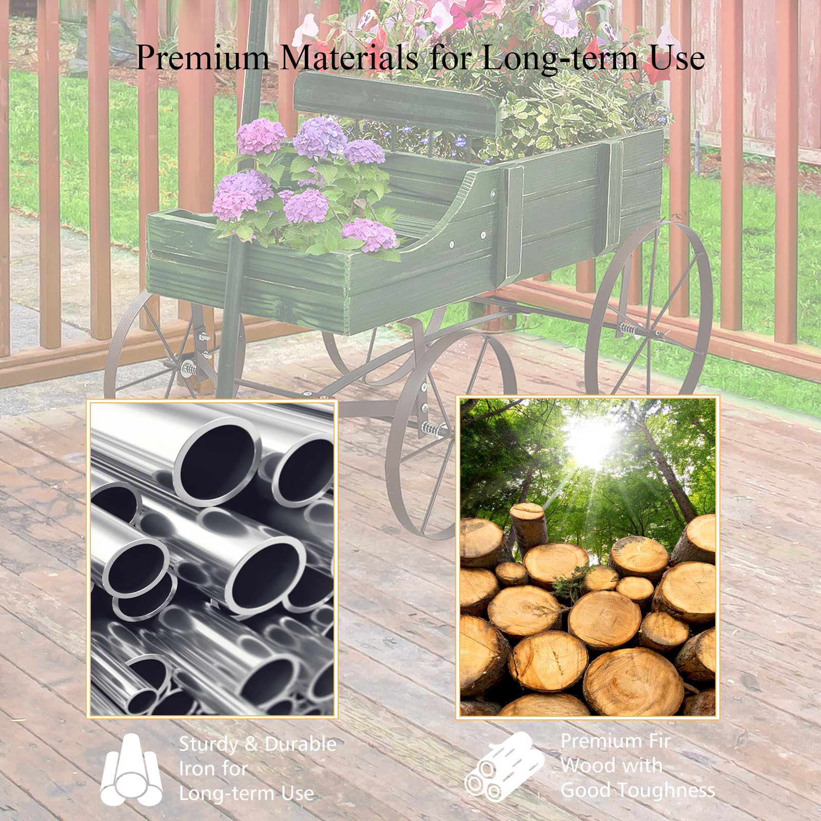 HOMASIS Carriola da Giardino in Legno, Carretto per Piante con Ruote Metalliche e 2 Scomparti, Vaso a Forma di Monociclo Decorativo per Giardino, Terrazza, Patio, 63x35x62,5cm (Verde)