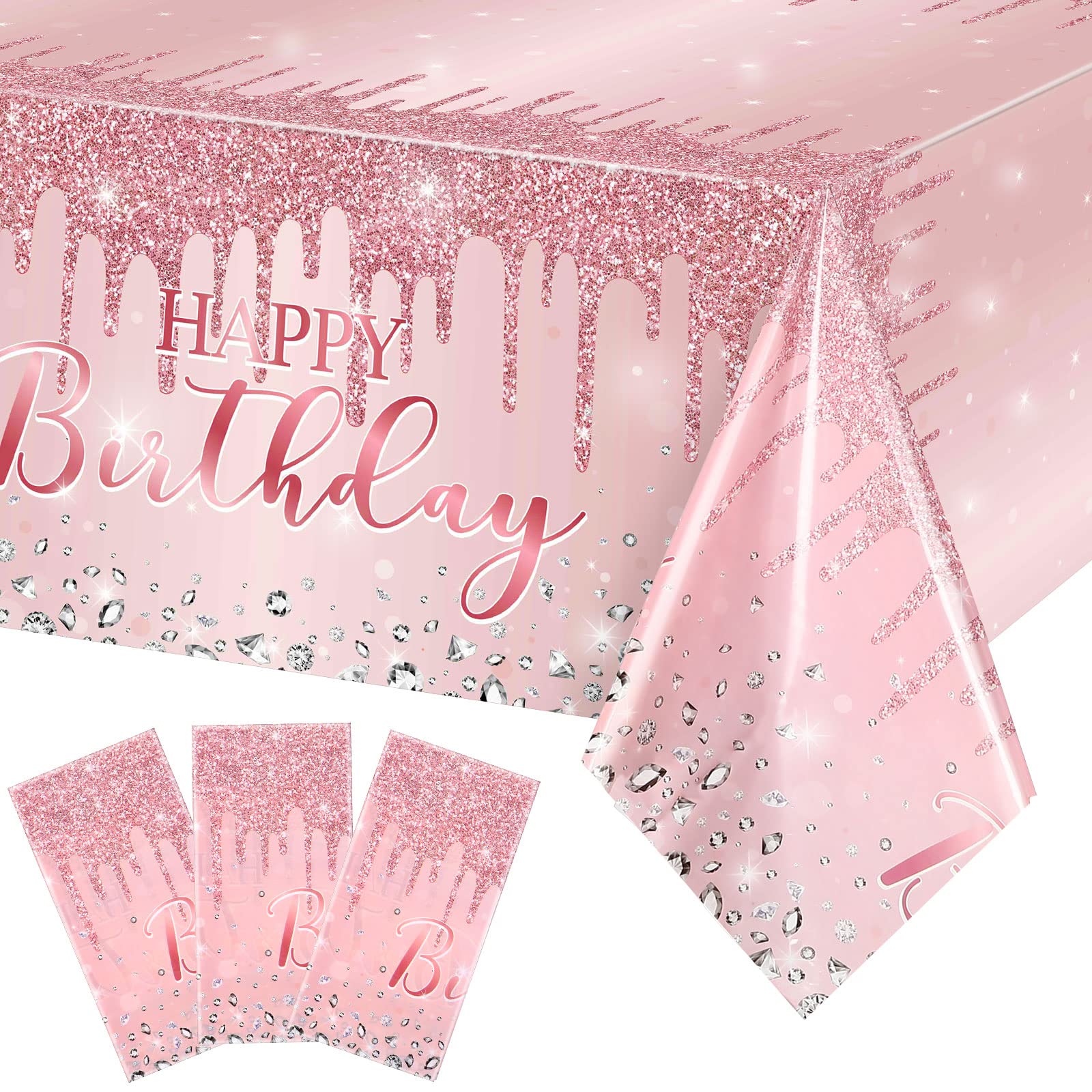 Pajean 3 Pcs Tablecloths Glitter Diamond Table Cover PE Girl Party Happy Birthday Table Cloths Sequin Printed Plastic Tablecloth for Girl Women