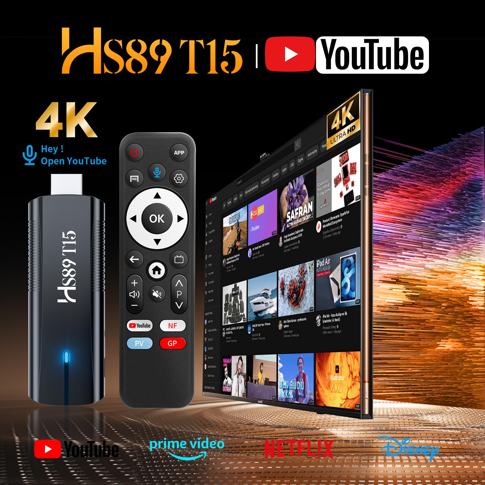 HS89 T15 Smart TV Stick Android 14 4K Ultra HD, 2GB RAM 16G ROM RK3539 WiFi 6 Bluetooth 5.4 HDR10+, TV Stick Box Android 14.0 con Assistente Telecomando Vocale, Dispositivo di Streaming Intelligente