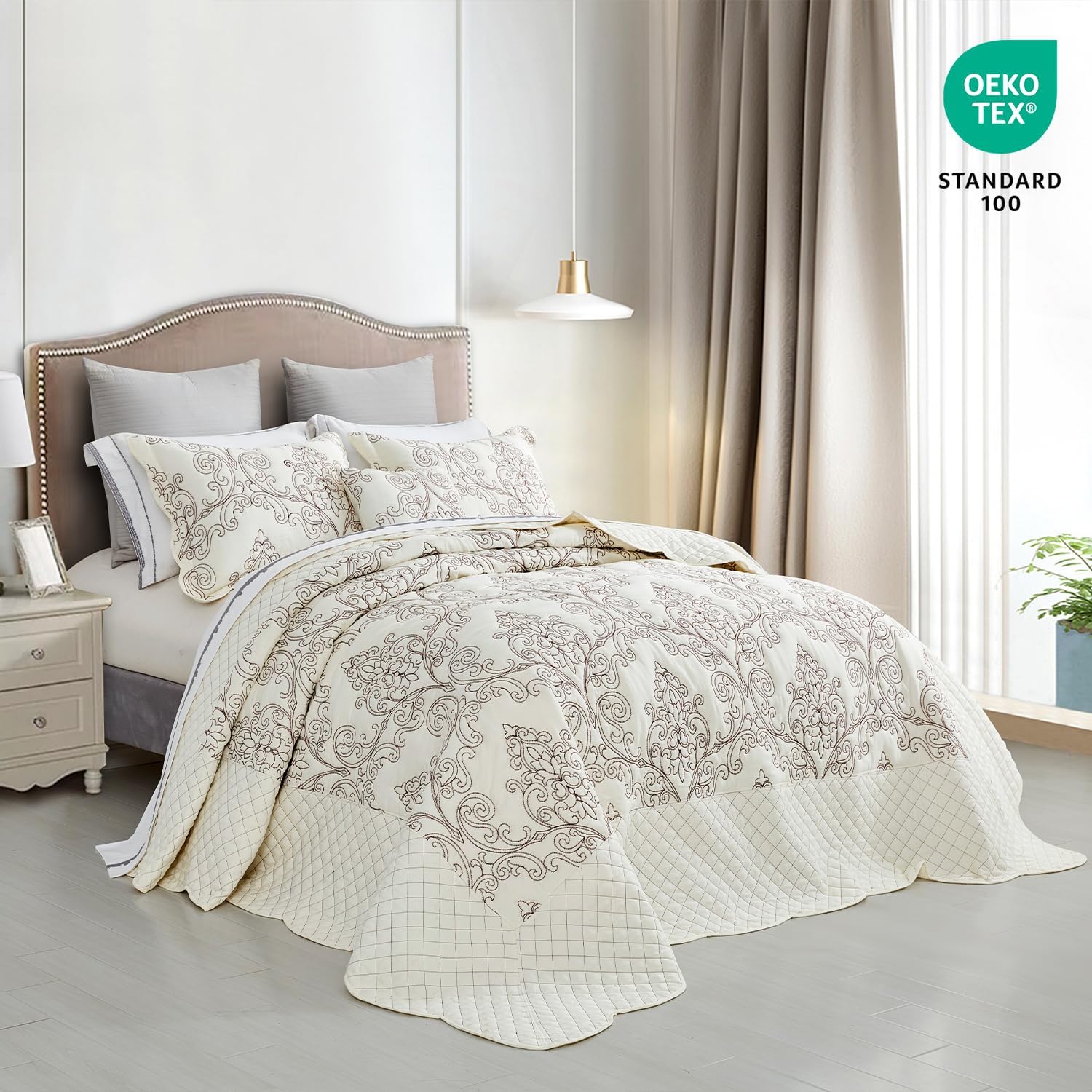 CHIXIN Oversized King Bedspread 128x120 Extra Wide - Lightweight Bedding Cover - Beautiful Stitching - 5 Piece Reversible Bedspread - Luxury Damask Paisley Pattern (King/Cal King, Ivory) - Image 2