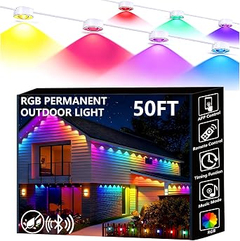 Permanent Outdoor Lights, 50ft Smart Eave Lights with RGB LED Light, IP67 Waterproof, App Control, DIY RGB Light for House Halloween Decorations