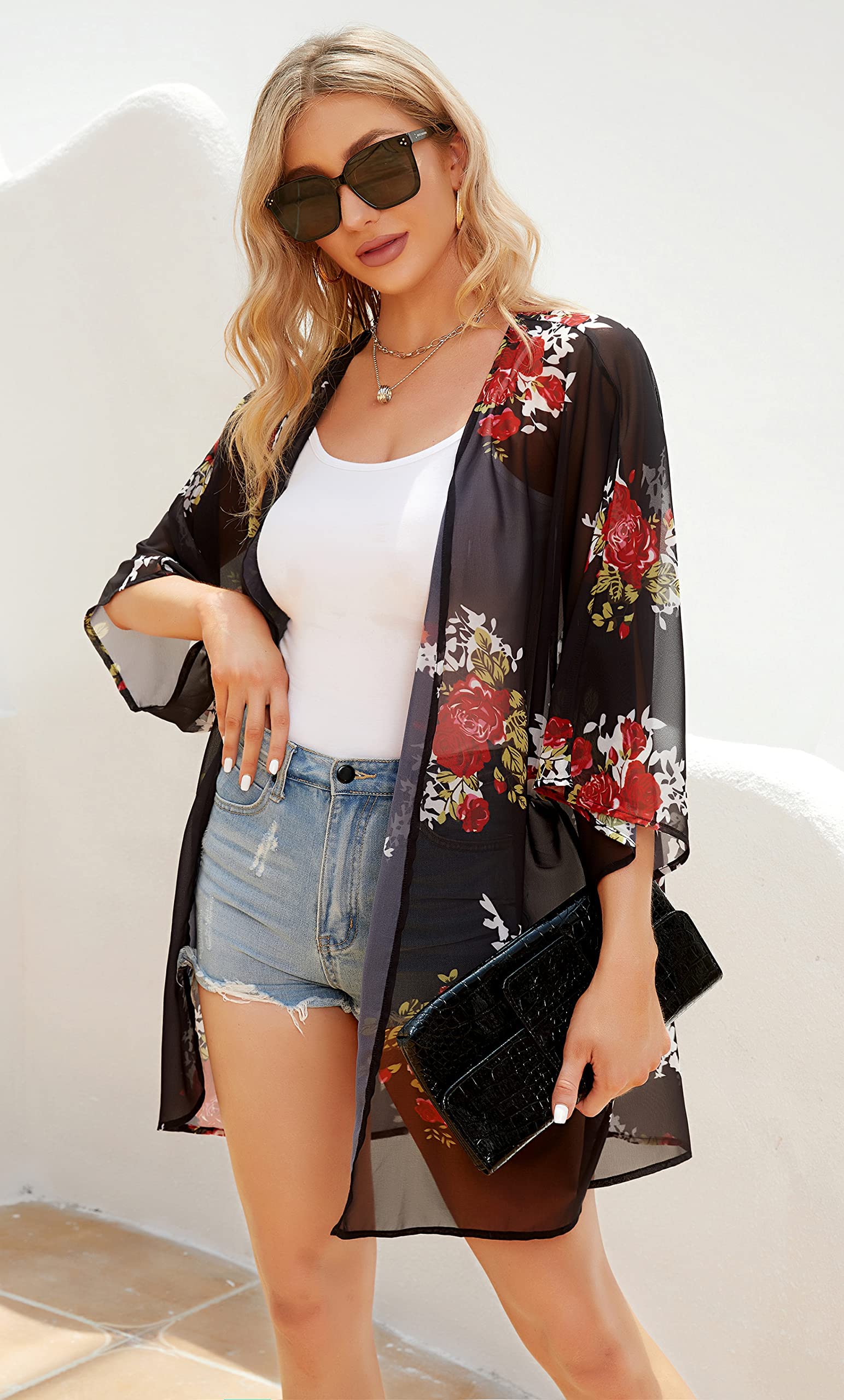 Gosunny Mujer Verano Tops Playa Kimono Boho Bikini Cover Up Oversized Floral Estampado Cárdigan