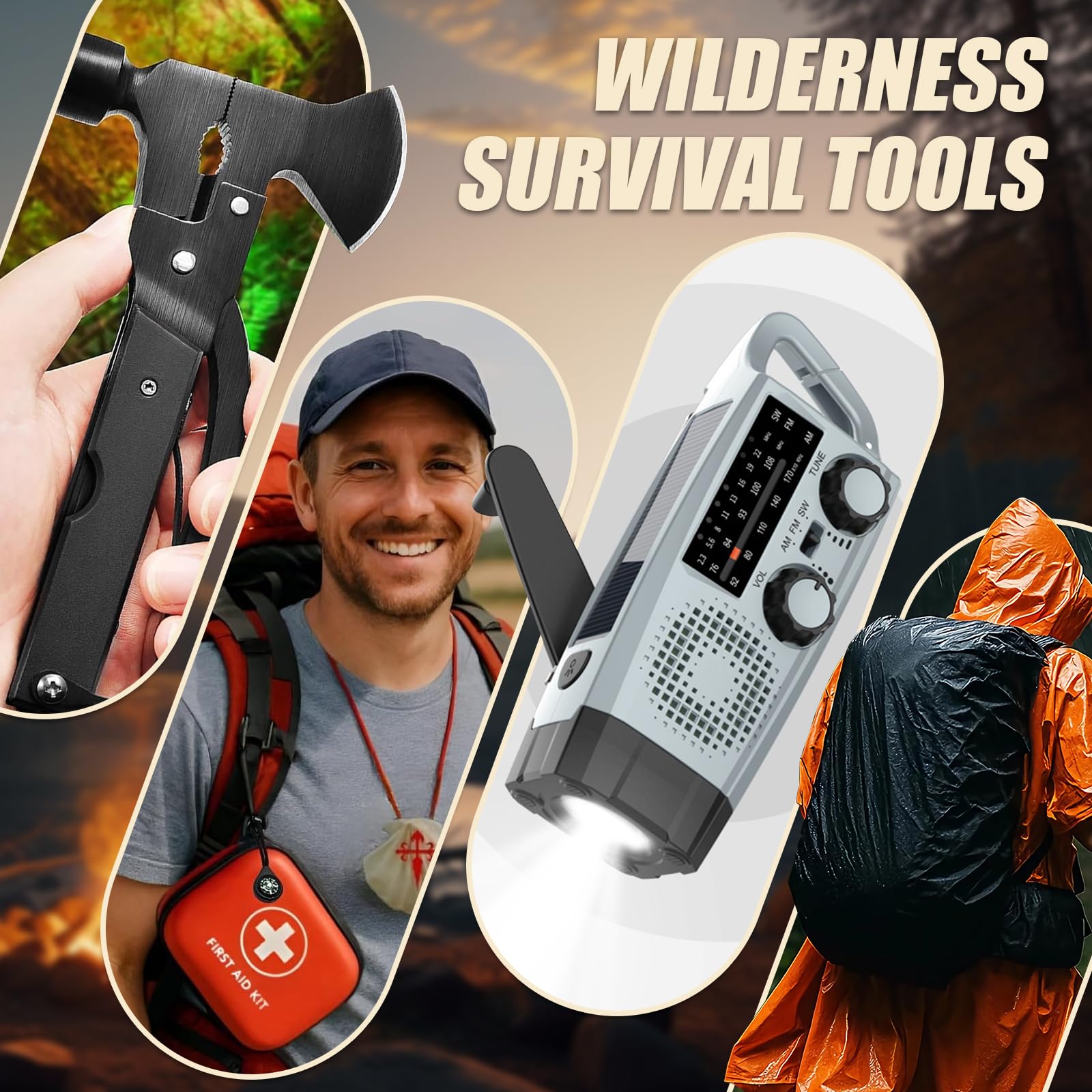 Gemmac 140 Sztuk Zestawów Ratunkowych z Apteczką Pierwszej Pomocy i Radiem Awaryjnym z Ręczną Korbką i Baterią 2000 mAh, Sprzęt Outdoorowy na Kemping, Bushcraft, Piesze Wycieczki, Polowanie