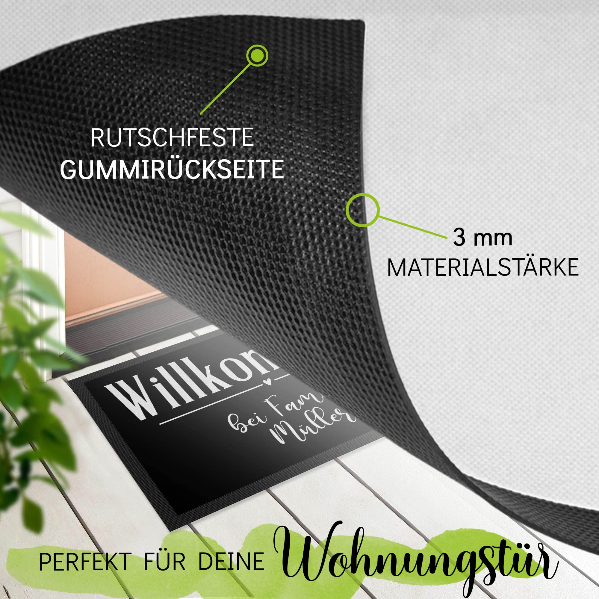 Print Royal Personalisierte Fußmatte Zwei Zeilen Wunschtext - Willkommen Herz - Geschenke zum Einzug | rutschfest, 120x80cm mit Gummirand