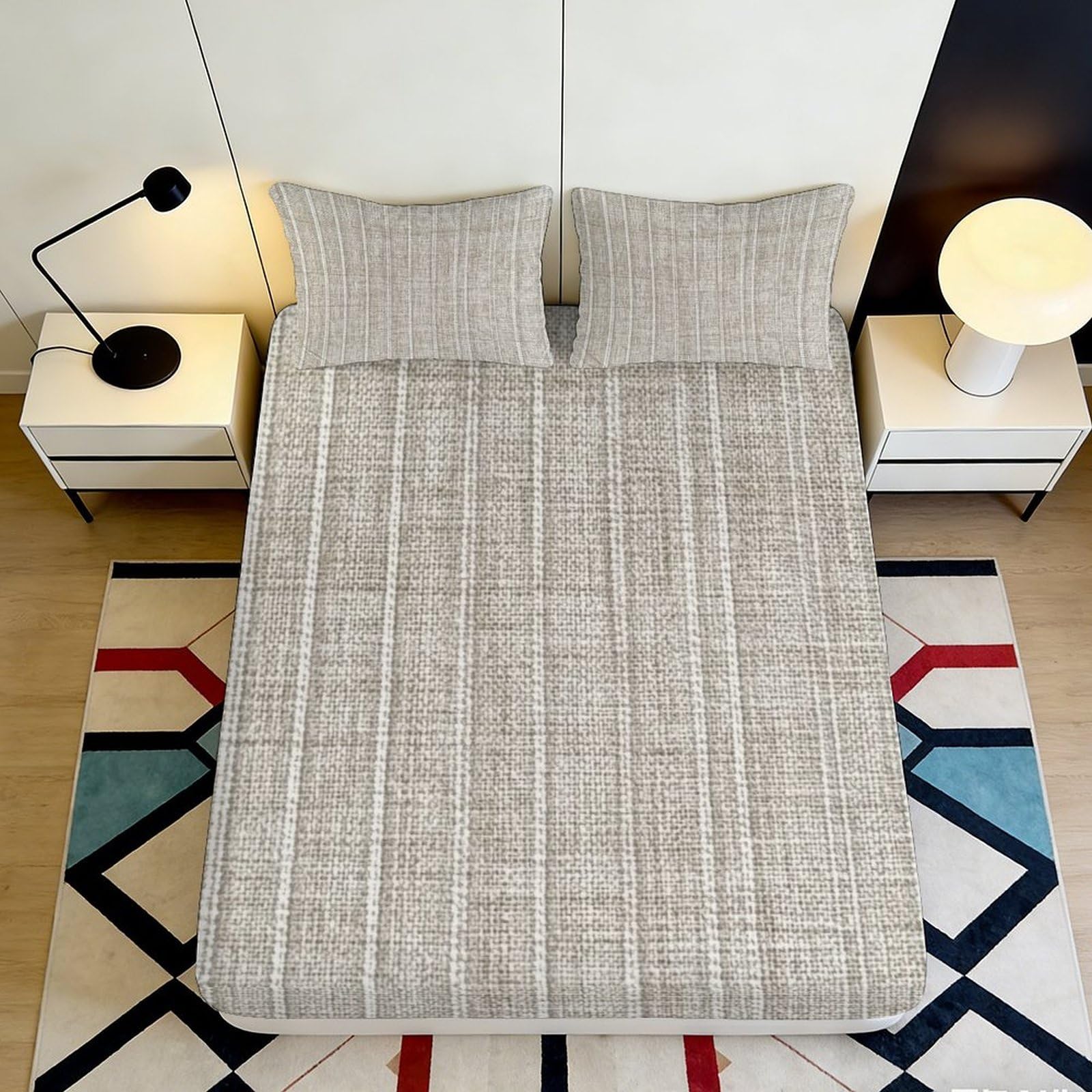 3D Printed Geometric Plaid Fitted Sheet Microfiber Soft Beige Abstract Mattress Cover for Bedroom Dorm Decor 90x200x25cm