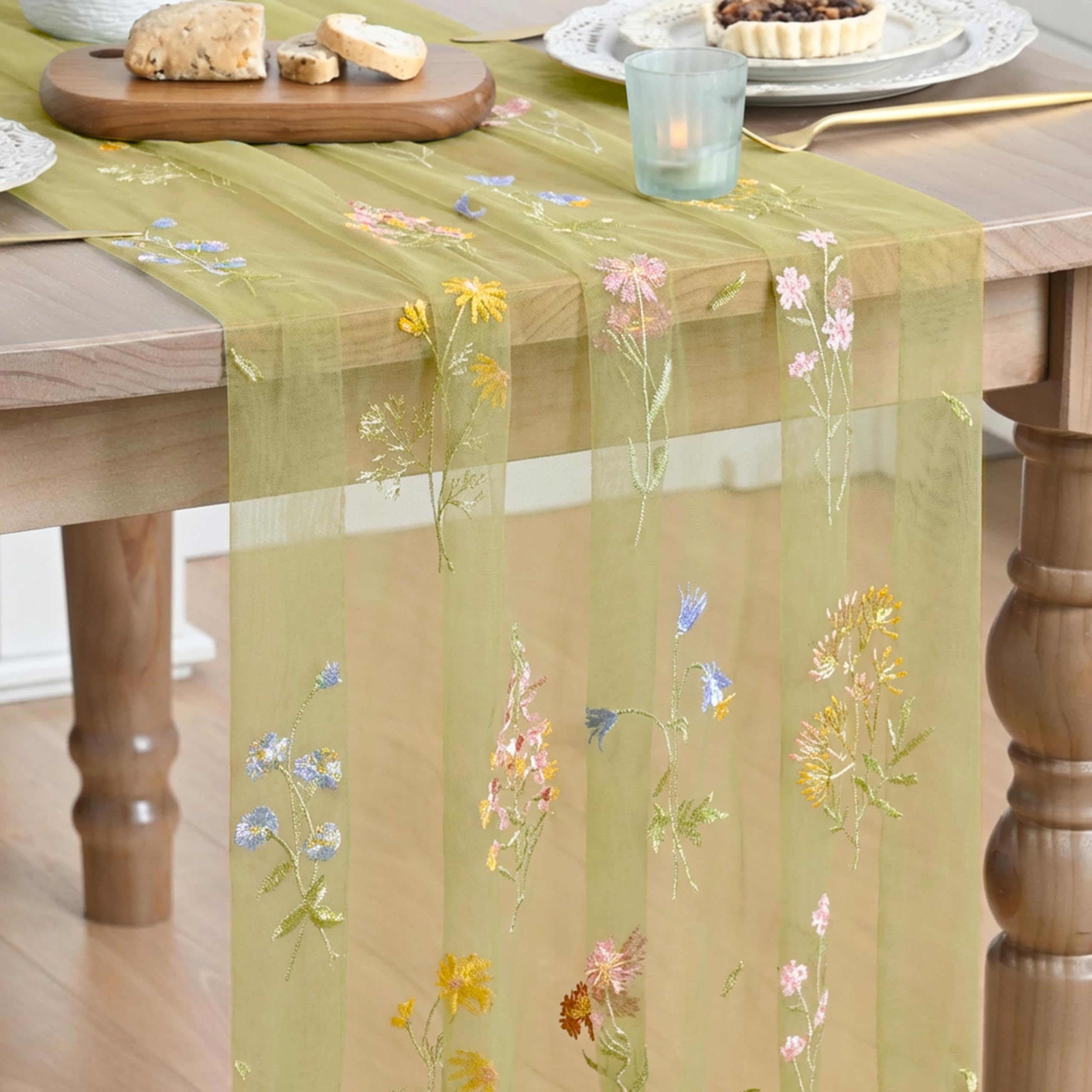 Artoid Mode Grass Green Embroidery Wild Flowers Gauze Table Runner 70x300cm — image 1