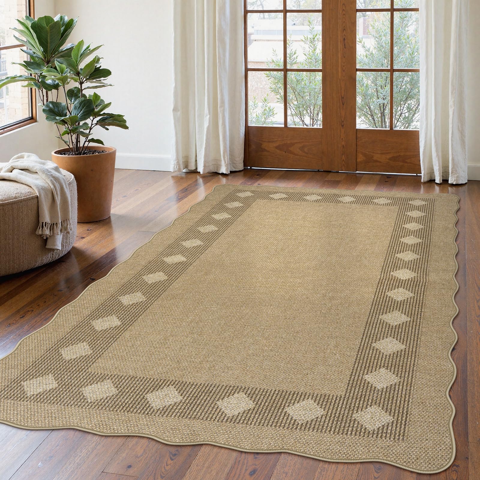 LIVEBOX Easy Jute Diamond Rug for Living Room, Scalloped Washable 5x7 Tan Rug for Bedroom, Geometric Checkered Non-Slip Indoor Outdoor Rug Dining Room