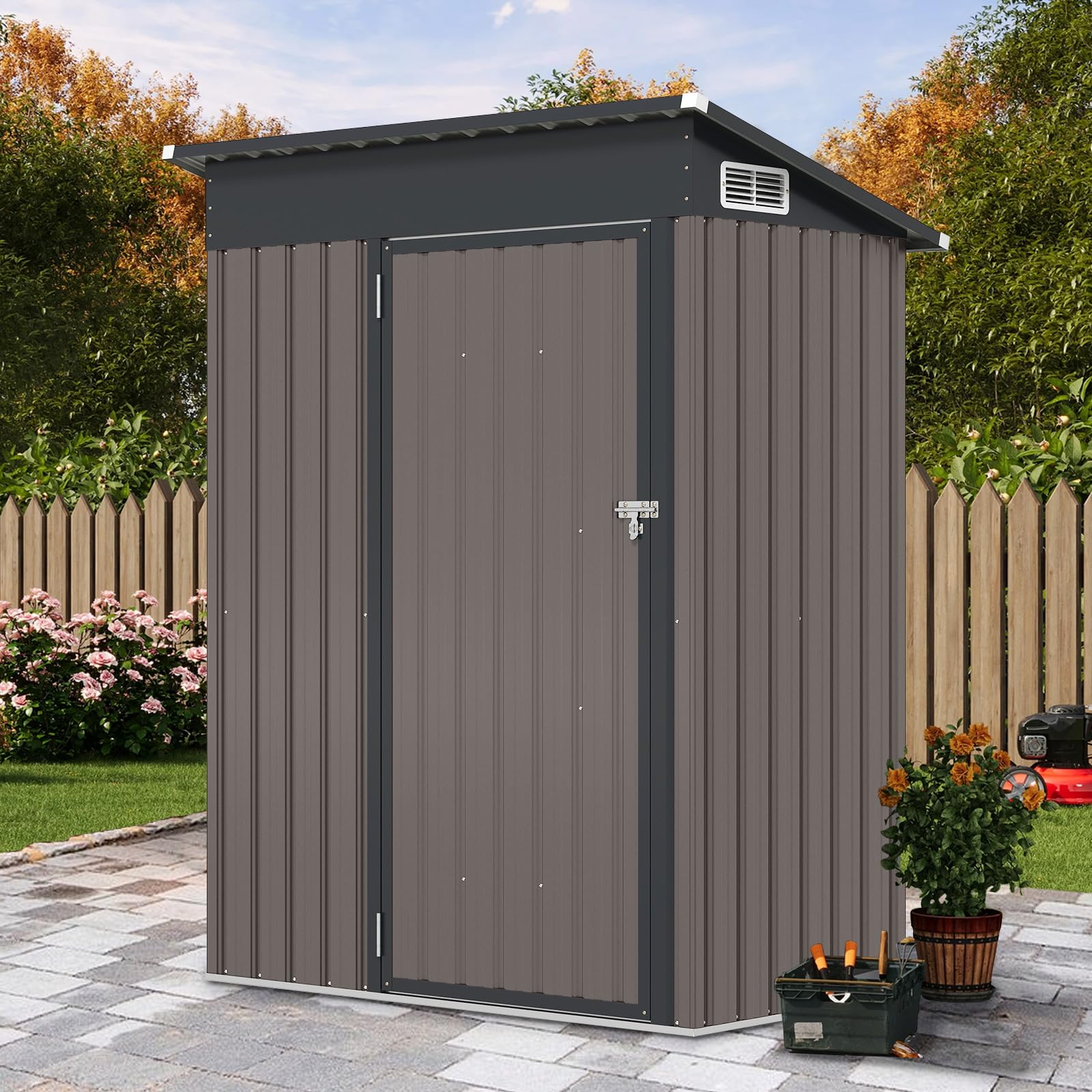 COSTWAY Caseta Jardin Exterior 1,5 m³, 150 x 90,5 x 185 cm, Cobertizo de Almacenamiento, Casa de Herramientas con Diseño de Techo Inclinado, Estructura de Metal Galvanizado (Gris Claro)