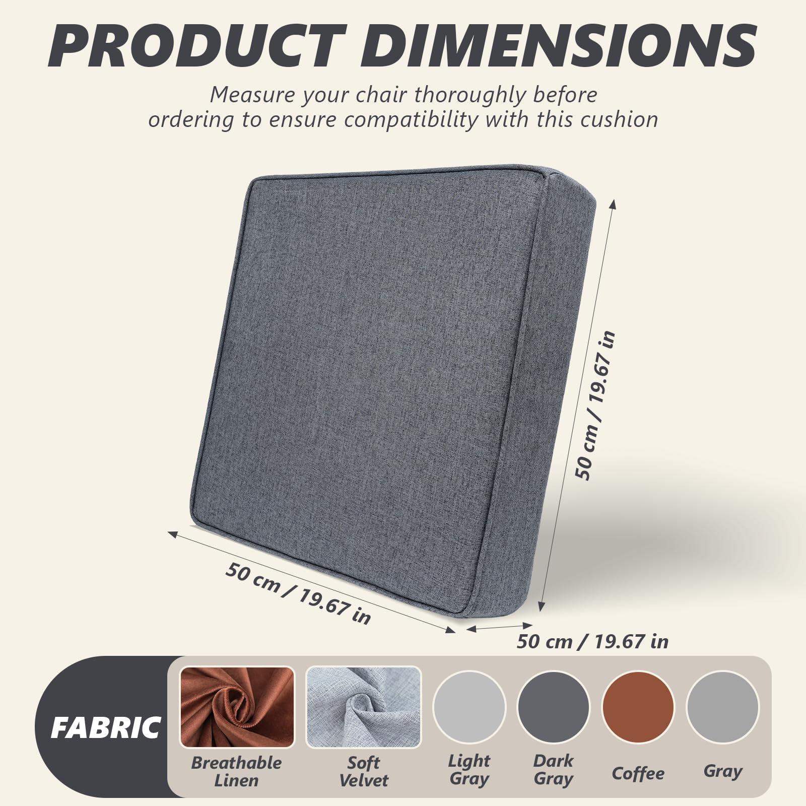 Sitzerhöhung Stuhl Memory Foam Sitzkissen 50x50cm Leinen Dunkelgrau