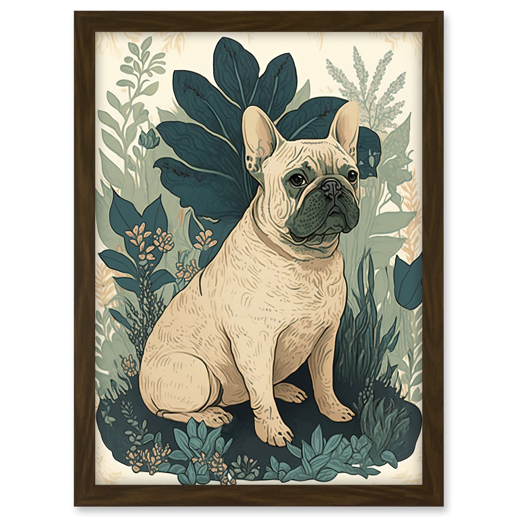 Artery8 French Bulldog and Tropical Plants Modern Pastel Colour Boho Illustration Artwork Framed A3 Wall Art Print