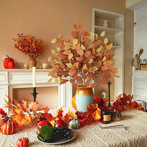 Miniatura 5 de Tallo de hojas de abedul artificiales de otoño, 6 piezas de tallos largos de vegetación de otoño de 33.4 pulgadas de alto, plantas falsas con ramas