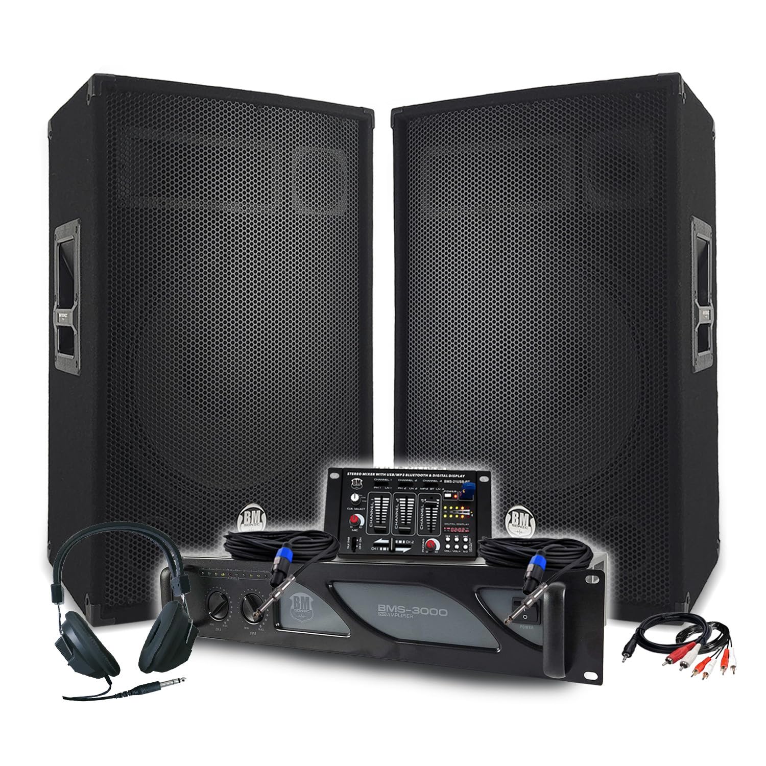 Pack Sono DJ BM Bmsonic Amplificateur 3000W, Paire d'Enceintes Passives 2x700W, Table de Mixage, Casque DJ, Câbles et Micro