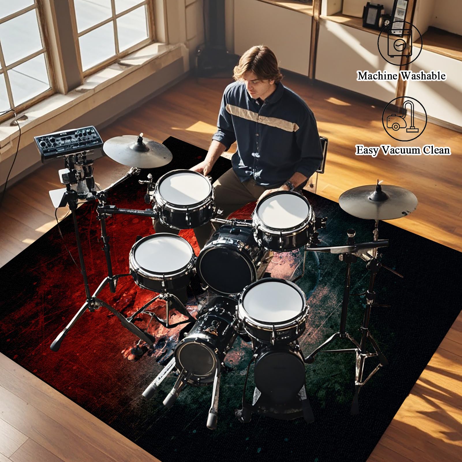 Schallschutz Teppich Rutschfeste Unterseite Drumset Zubehör Trommel Teppiche für Drum Kits Bass Drum Snare Drum und andere Instrumente Teppich 200 x 170 cm Drum Teppich Dicht gewebte Oberfläche mit