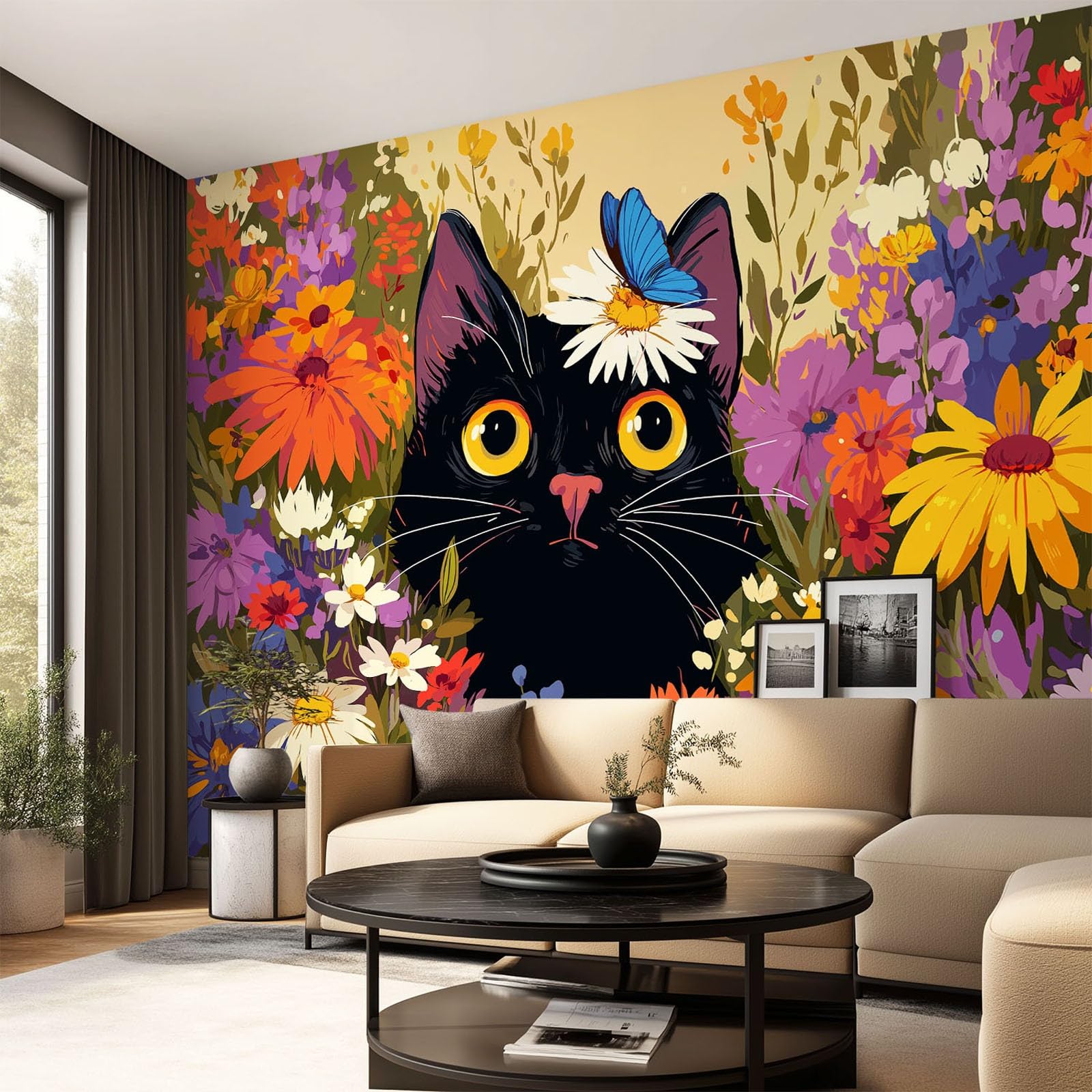 Tapeta 3D, fantazja, zwierzę, styl anime, 350 x 256 cm, mural, czarny kot, kwiatowy, botaniczna tapeta mural do sypialni, przedszkola, malowniczego ogrodu