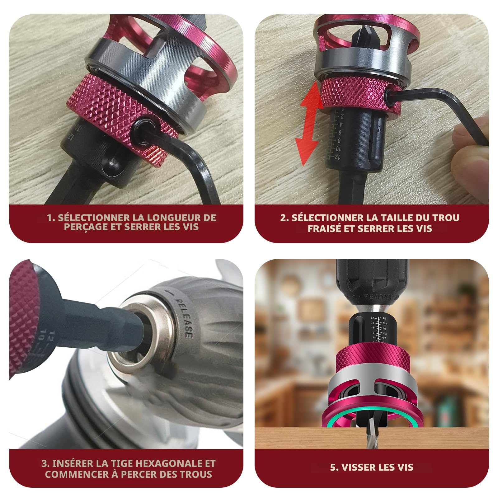 Lot de 6 forets coniques à bois avec butée de profondeur, fraise à foret avec tige hexagonale 1/4", en HSS-M2, alésage précis, pour le travail du bois