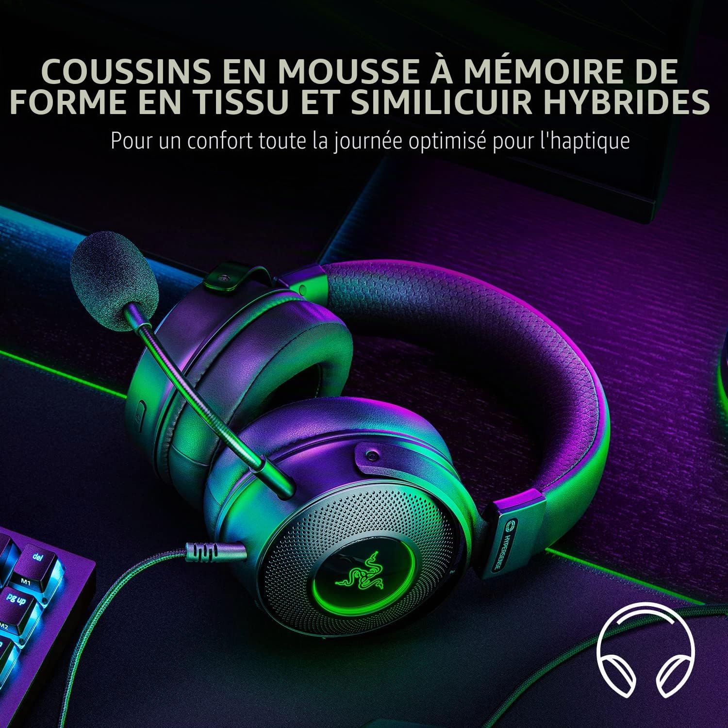 Razer Kraken V3 HyperSense Casque de Jeu USB avec Technologie Tactile : Driver Triforce Titanium 50 mm, Tissu Hybride et Coussin en Mousse à mémoire de Forme en Cuir synthétique, Microphone Amovible