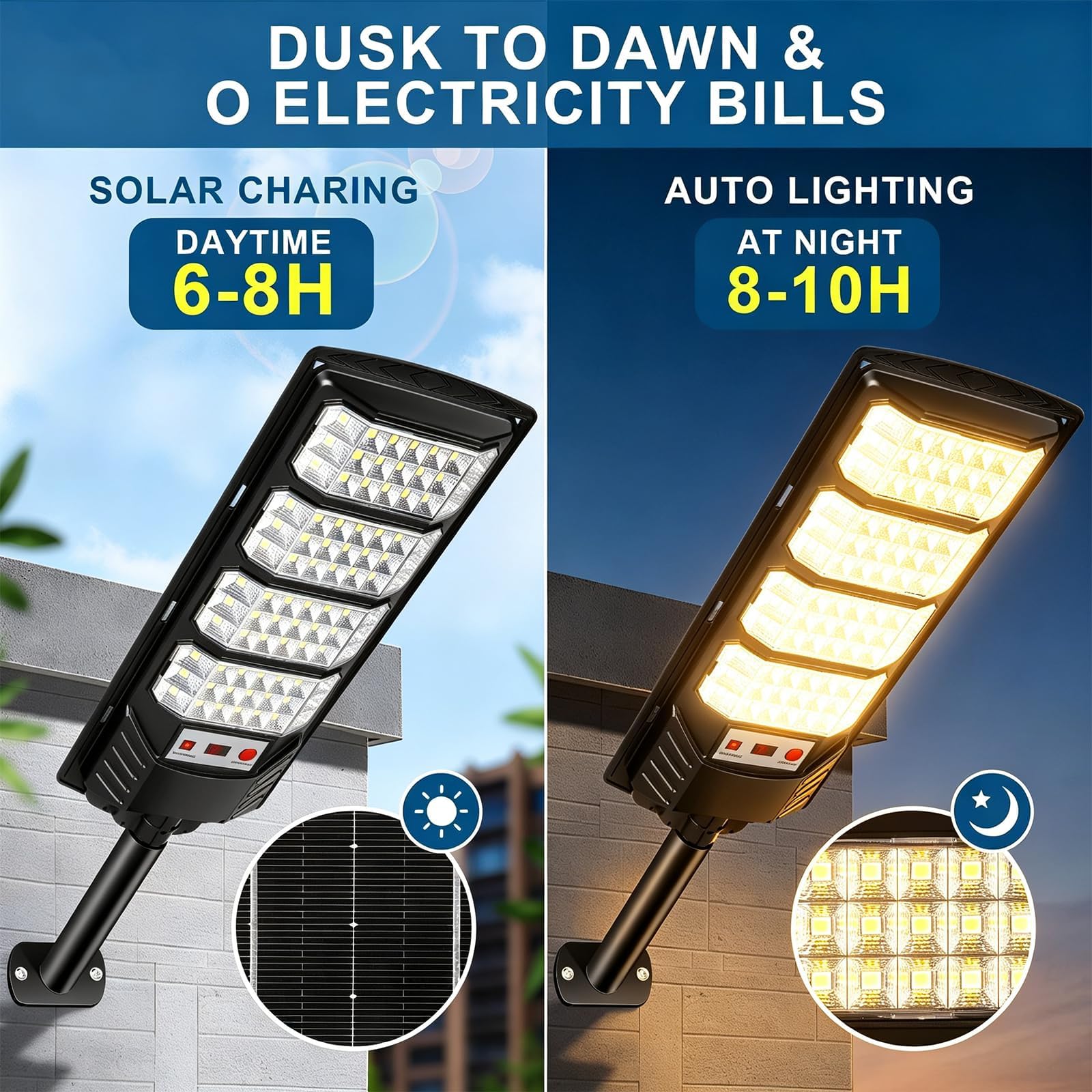 600W Lampione Solare Led Esterno 2 pezzi,3000K Lampioni da Giardino Esterno Solari con Sensore di Movimento,IP66 Impermeabile Faretto Stradale per Garage Strada
