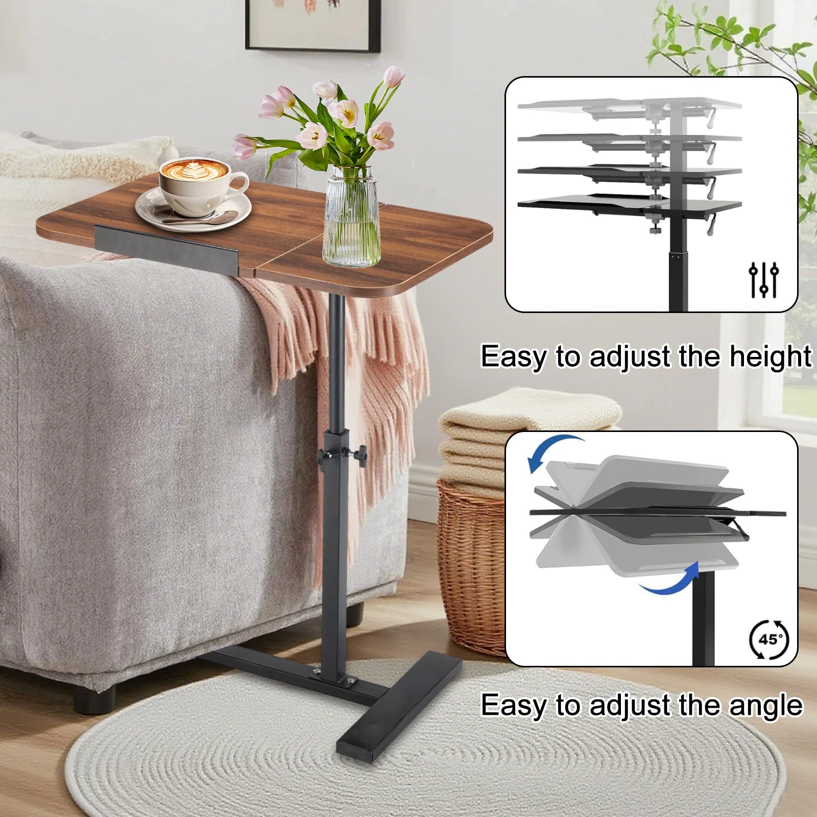 Simcat Mesa ajustable para cama superior con 2 escritorios inclinables, 60 × 40 cm, escritorio de pie en forma de C para laptop, cama pequeña con ruedas y mesa auxiliar para sofá, para dormitorio