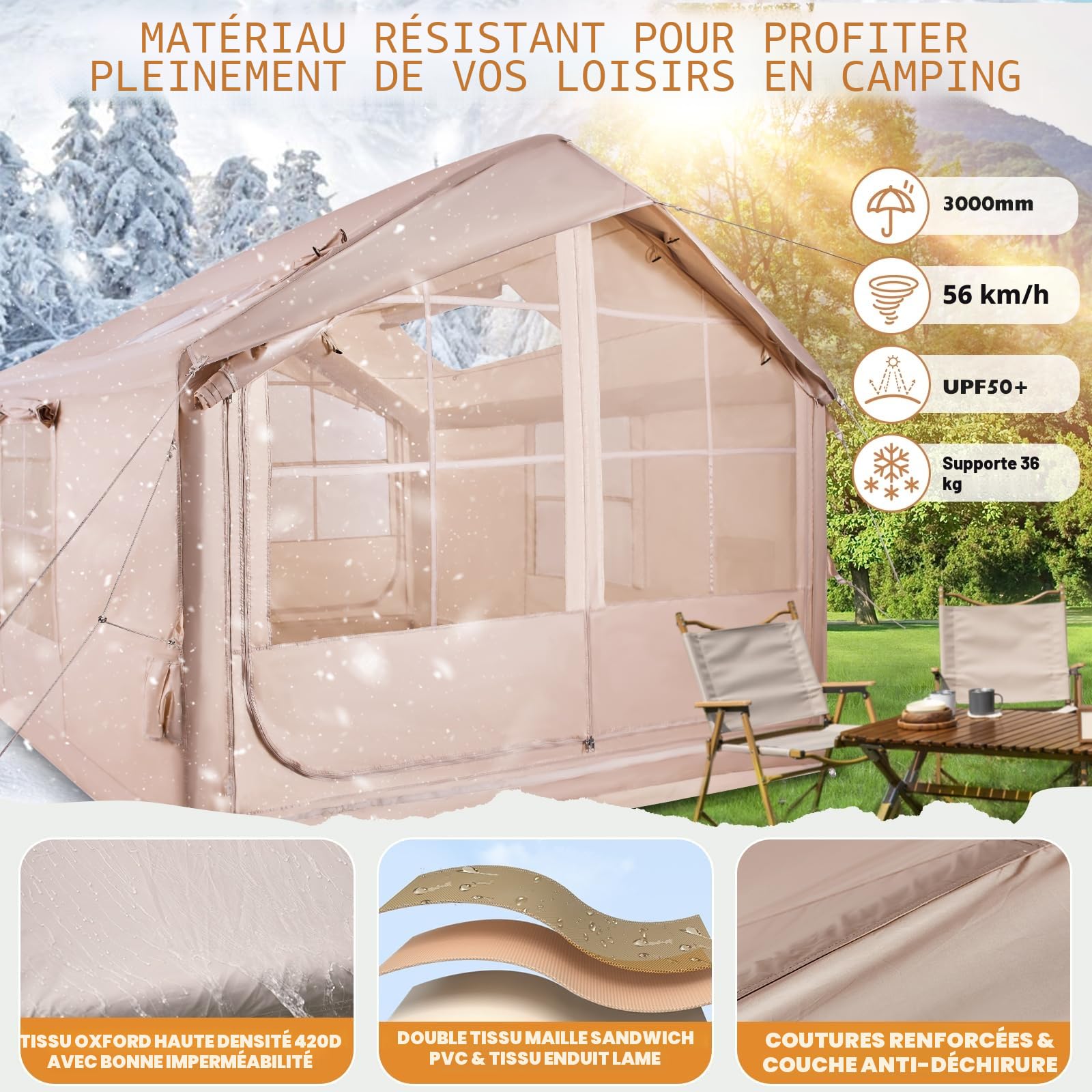 Tente de camping gonflable avec ouverture de cheminée et fenêtre de toit, tente d'extérieur pour 2 à 10 personnes, avec pompe à air, en tissu Oxford imperméable, pour 4 saisons, montage rapide