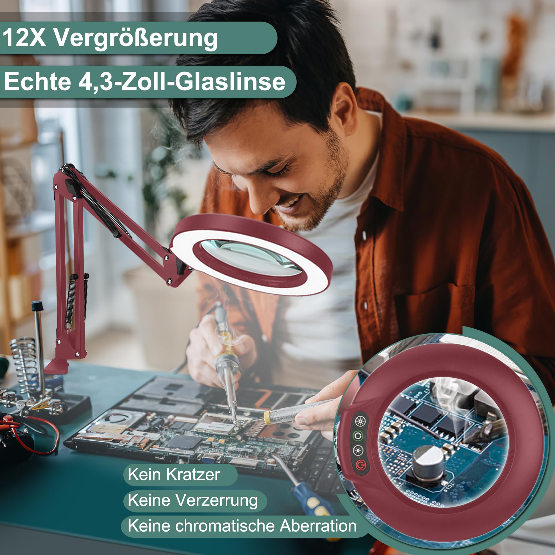 Veemagni Lot de 10 loupes en verre véritable avec lumière, 5 modes de couleur, intensité variable en continu, bras pivotant réglable, lampe loupe éclairée LED avec pince, loupe mains libres, avec