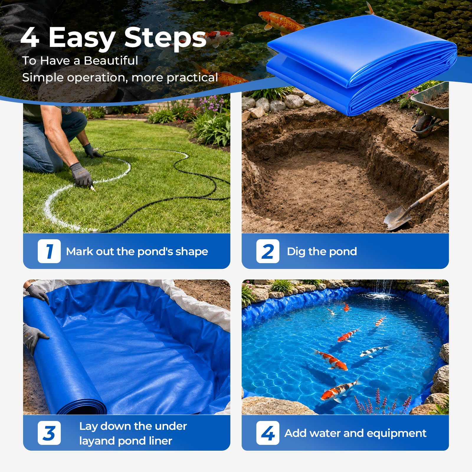 3x4m Teichfolie, HDPE Teichfolien 0.3mm Stärke UV-Beständig für Gartenteich
