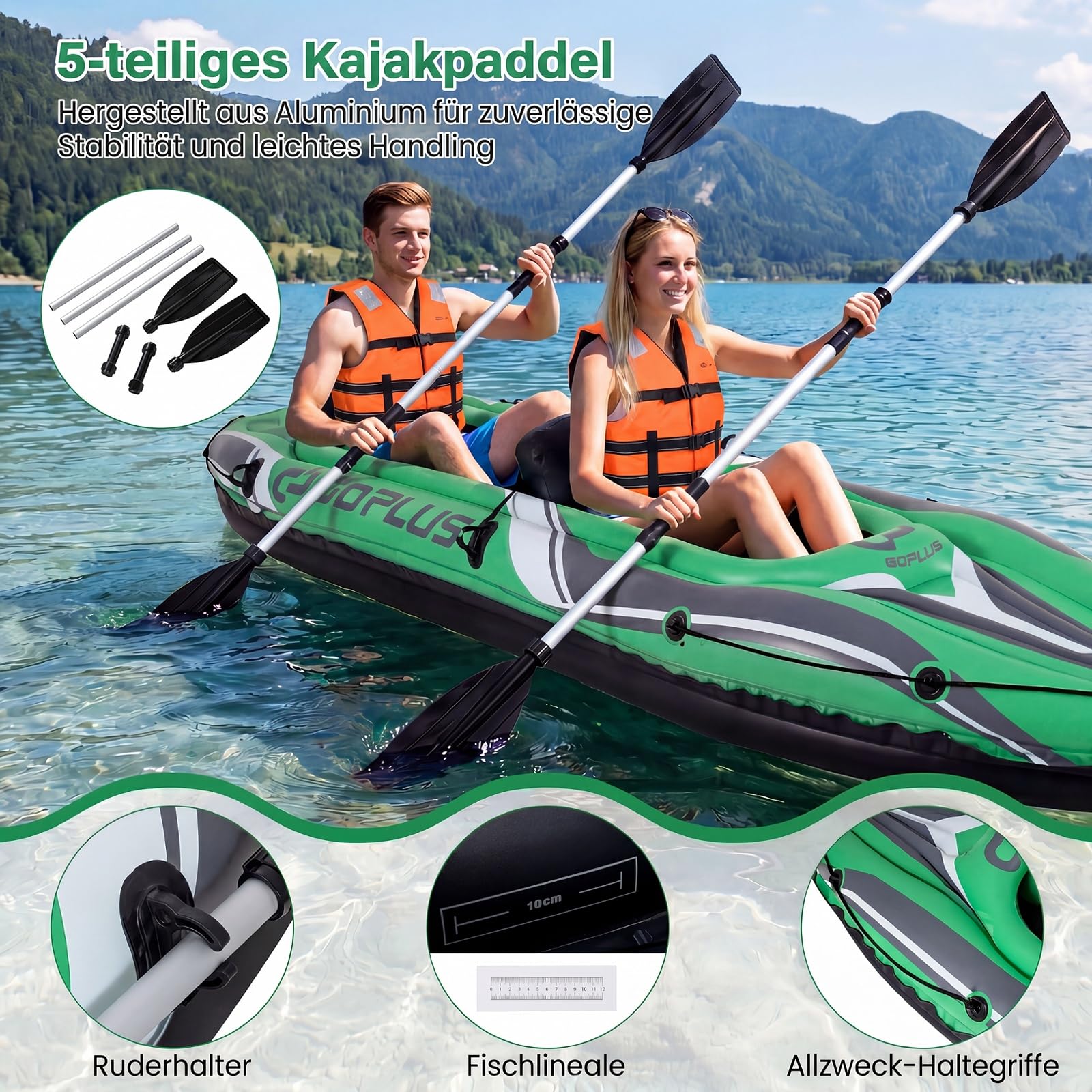 COSTWAY Kajak aufblasbar 2 Personen, Schlauchboot | Aufblasbares Kanu mit Aluminiumpaddel, Handpumpe und Reparaturset, 160 kg Gewichtskapazität, Grün