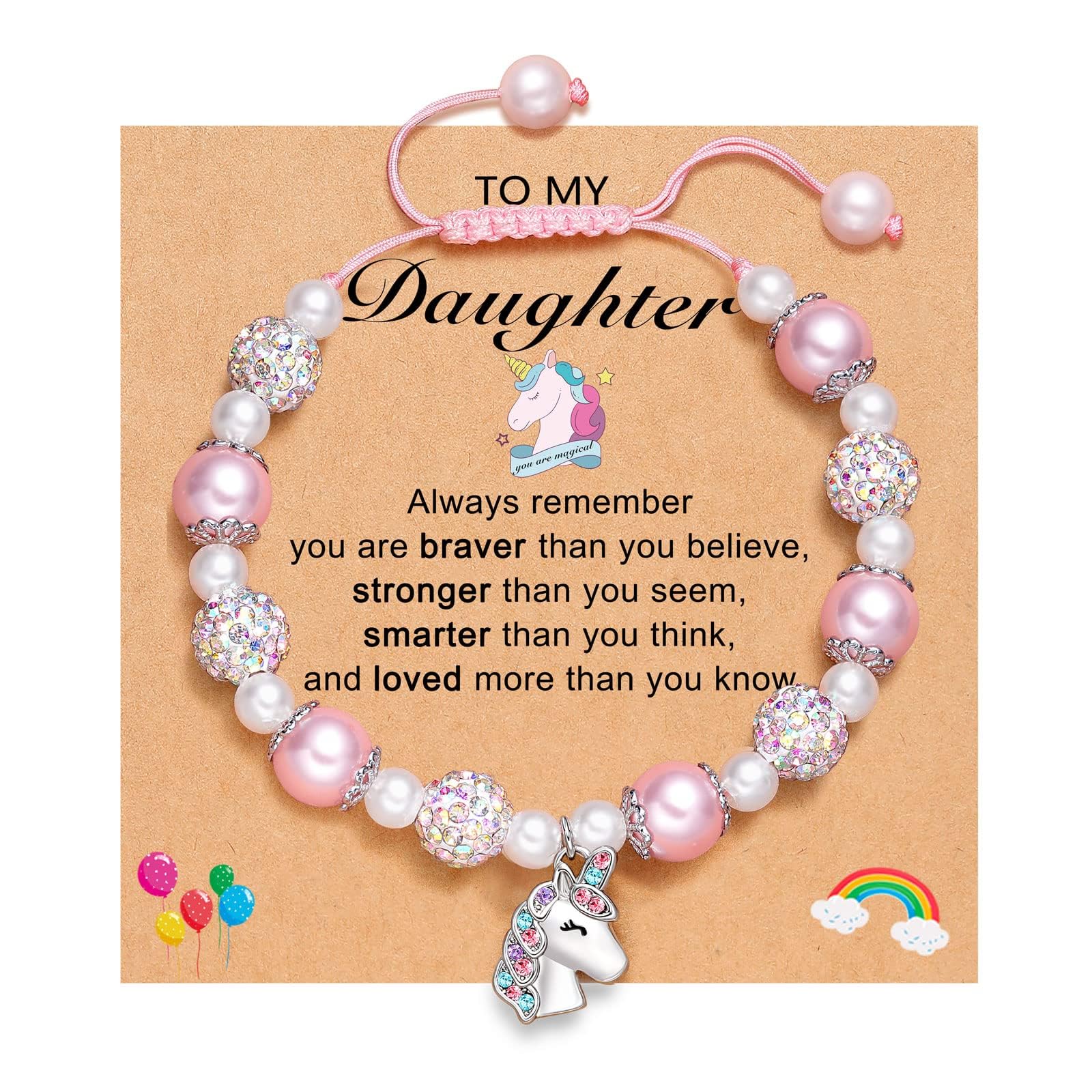 Azonee Unicorn Bracelet for Daughter Granddaughter Granddaughter Bonus Daughter Adjustable Pink White Pear Rhinestone Bracelet, Adjustable Length Birthday Christmas Graduation Gifts for Girls