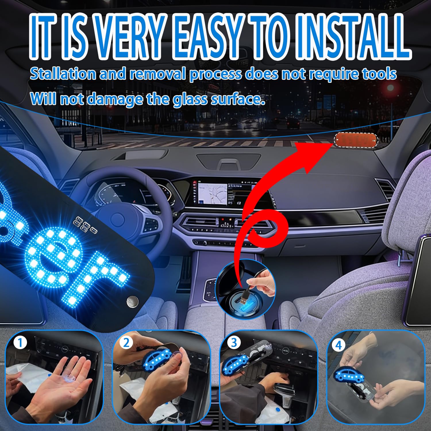 Blue LED Light Sign for Car, Taxi Windshield Light Sign, USB Plug Car Interior Lights Taxi Indicator Lights USB Cable Taxi Sign Light Windshield Car LED, Decal with Suction Cups Flashing Hook — view 5