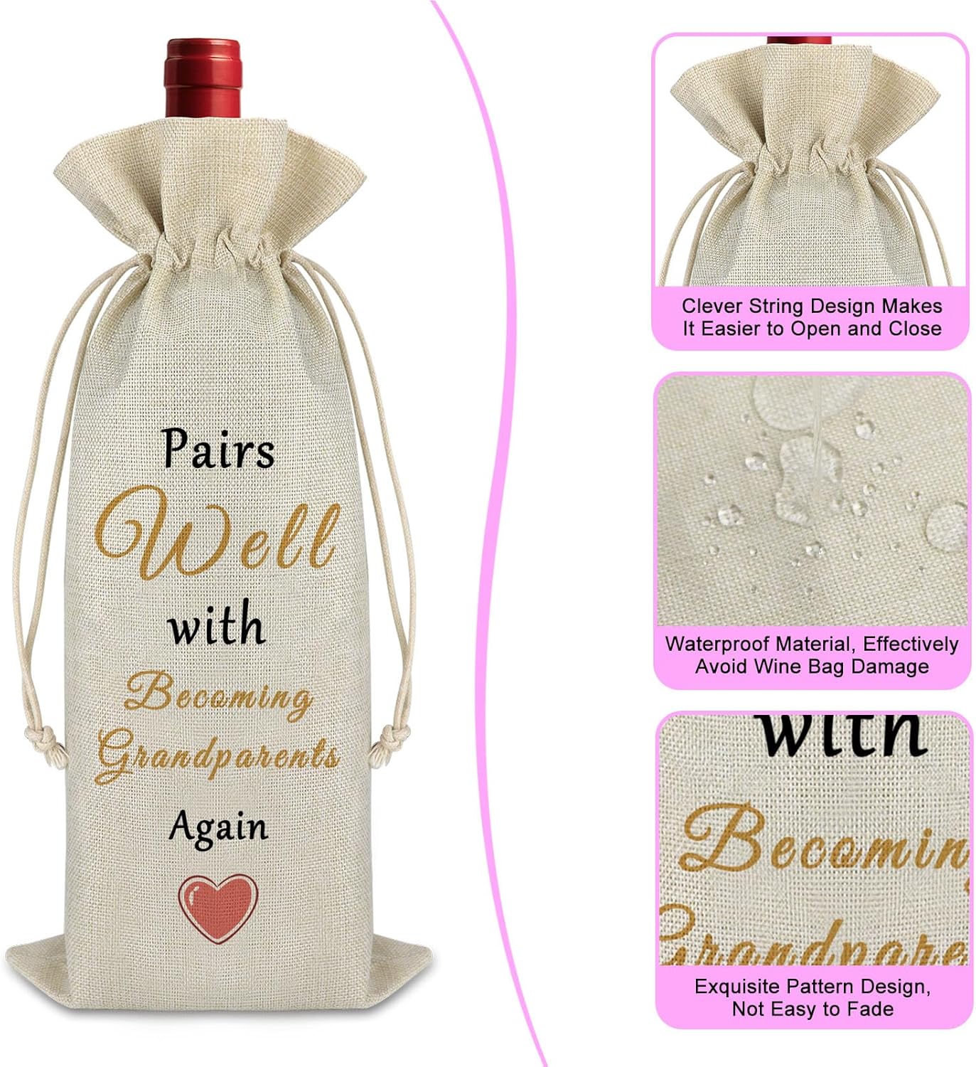Pregnancy Announcement Gift for Being Grandparents Again Baby Reveal Gift New Baby Gift Baby Announcement Drawstring Wine Bag Gift for Family Baby Shower Party Decors Reusable Wine Wrap Bag - Image 3