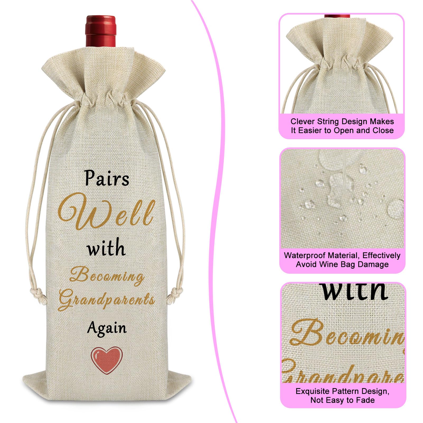 Gfhzdmf Regalo de anuncio de embarazo para abuelos, regalo de revelación de bebé, regalo de nuevo bebé, anuncio de bebé, bolsa de vino con cordón, regalo para familia, baby shower, fiesta, decoración
