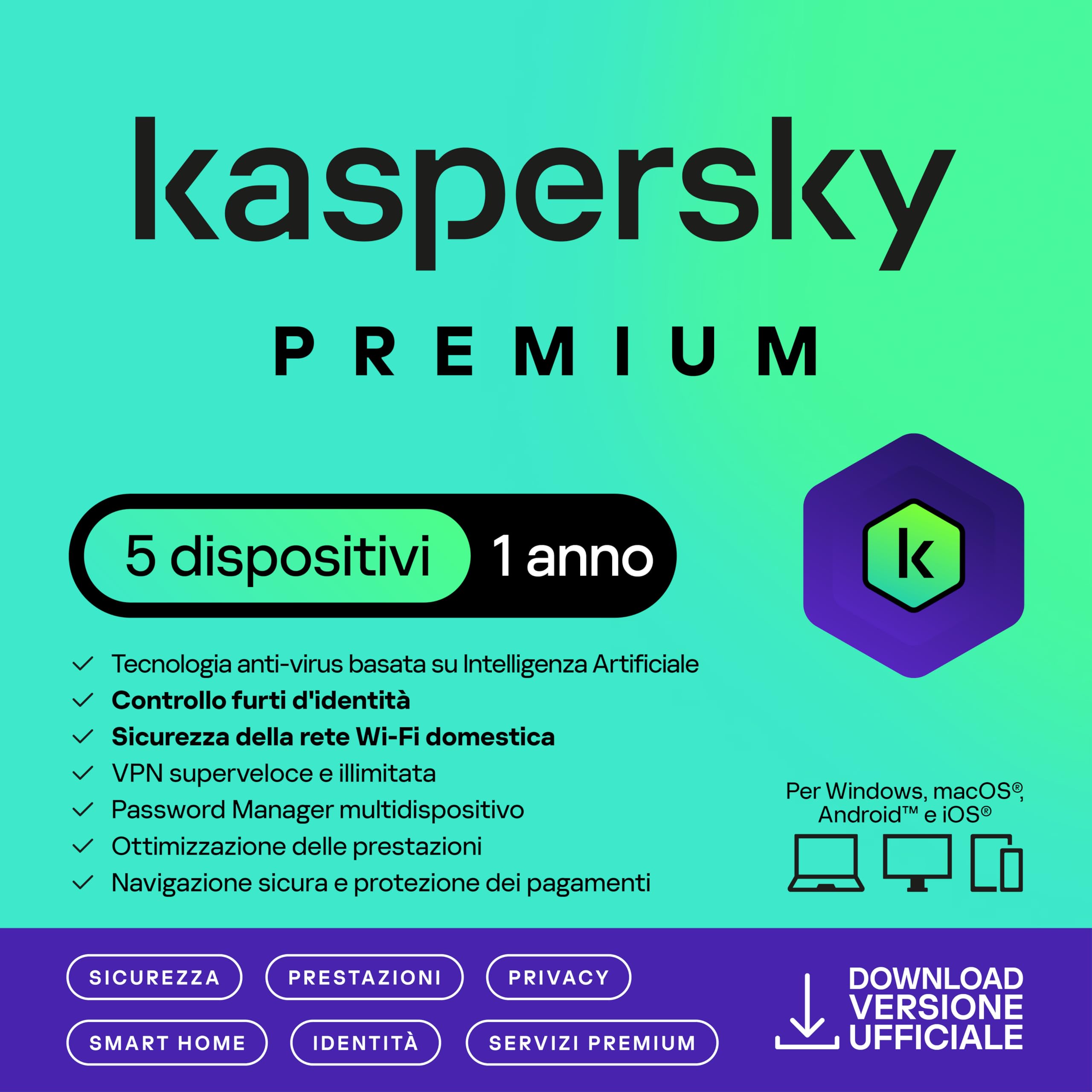 Kaspersky Premium Total Security 2026 | 5 dispositivi | 1 anno | Anti-Phishing e Firewall | VPN illimitata | Password Manager | Parental Control | Assistenza 24/7 | PC/Mac/mobili | Attivazione e-mail