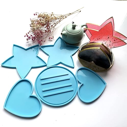 PXLYWLTZL 2 moldes de resina de posavasos con estrella y 2 moldes de corazón con 1 molde de almacenamiento de posavasos, moldes de resina de