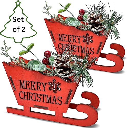 Miniatura 5 de BANBERRY DESIGNS Trineos rojos Feliz Navidad – Trineos de madera con ramitas de pino, piña y bayas rojas – Centro de mesa de vacaciones – Decoración