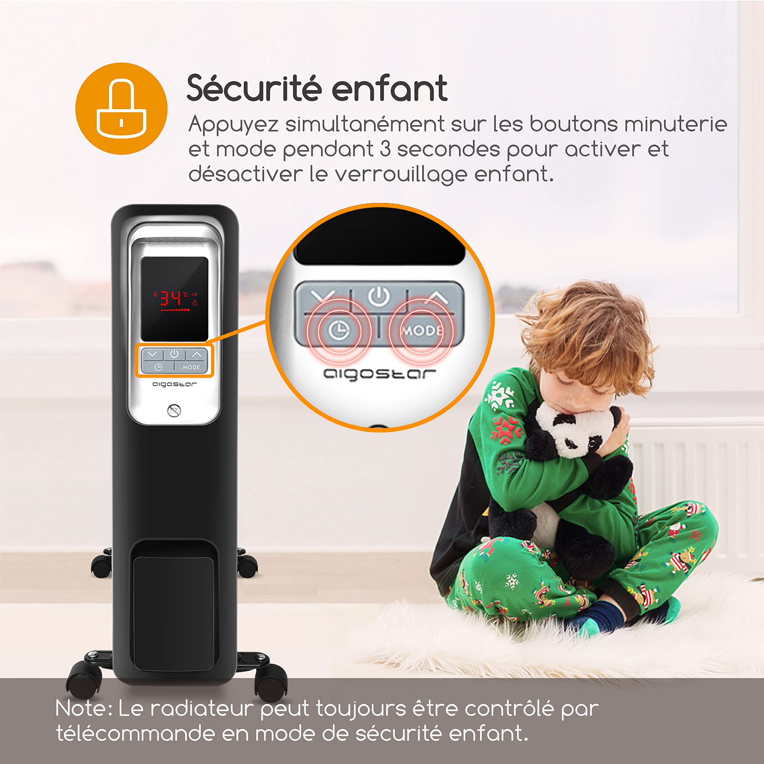 Aigostar Oil Monster - Radiateur à bain d’huile 2500W, 13 éléments chauffants. 3 modes + ECO, minuterie 24h, thermostat réglable. Écran LED, télécommande, silencieux.