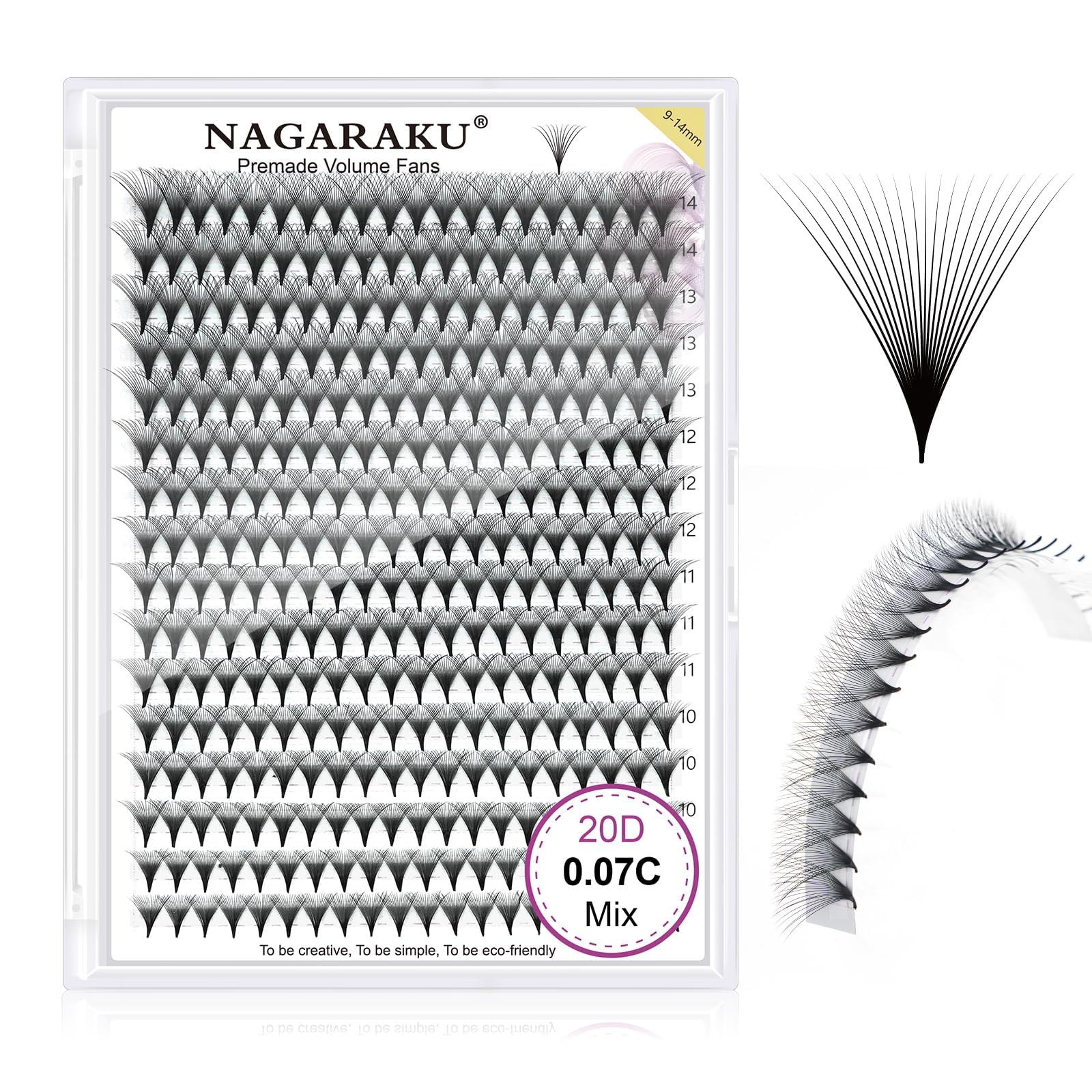 NAGARAKU Eyelash Extensions 320 Clusters Premade Fans 20D Russian Volume Fans Thin Pointy Base Natural Pre Fanned Fluffy False Eyelash Black 16 Rows (0.07 C Curl 9-14mm Mix Tray)