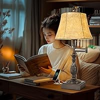 Vista 5 de Scenekoy - Juego de 2 lámparas de mesa tradicionales rústicas de 23.5" con brazo oscilante ajustable de 350°, con puertos USB A+C, acabado marrón