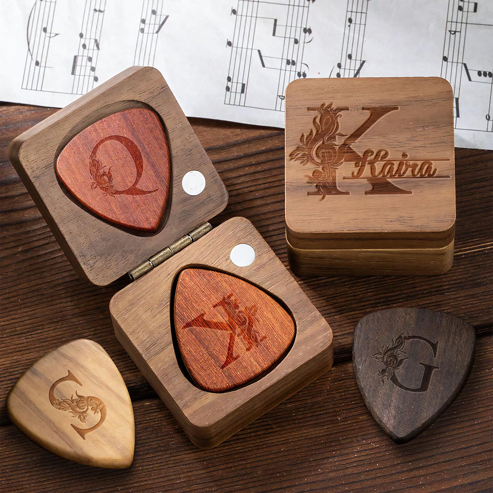 UIDMEN Personalized Wooden Guitar Picks Box, Portable Magnetic Storage Case, with 3 Pcs Custom Engraved Guitar Pick, Father's Day Birthday Gifts for Guitar Player, Guitar Lover, Guitarist, Musician