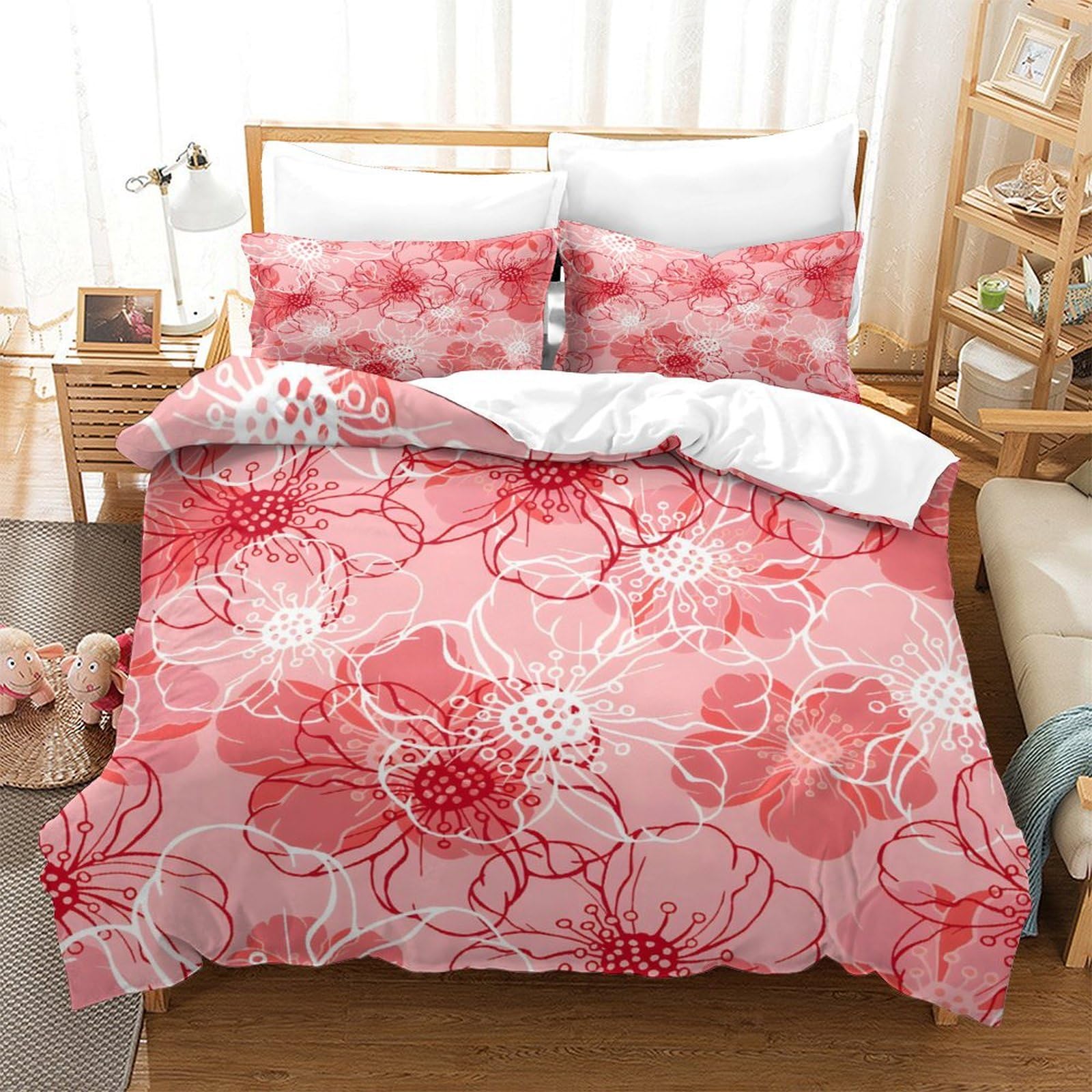 GDEKCIEAS Red Pink Flowers Duvet Cover 3D Bedding Quilt Cover Duvet Cover Soft Microfiber Comforter Cover 3Pcs for Teens Adults Kids Super King（260x220cm）