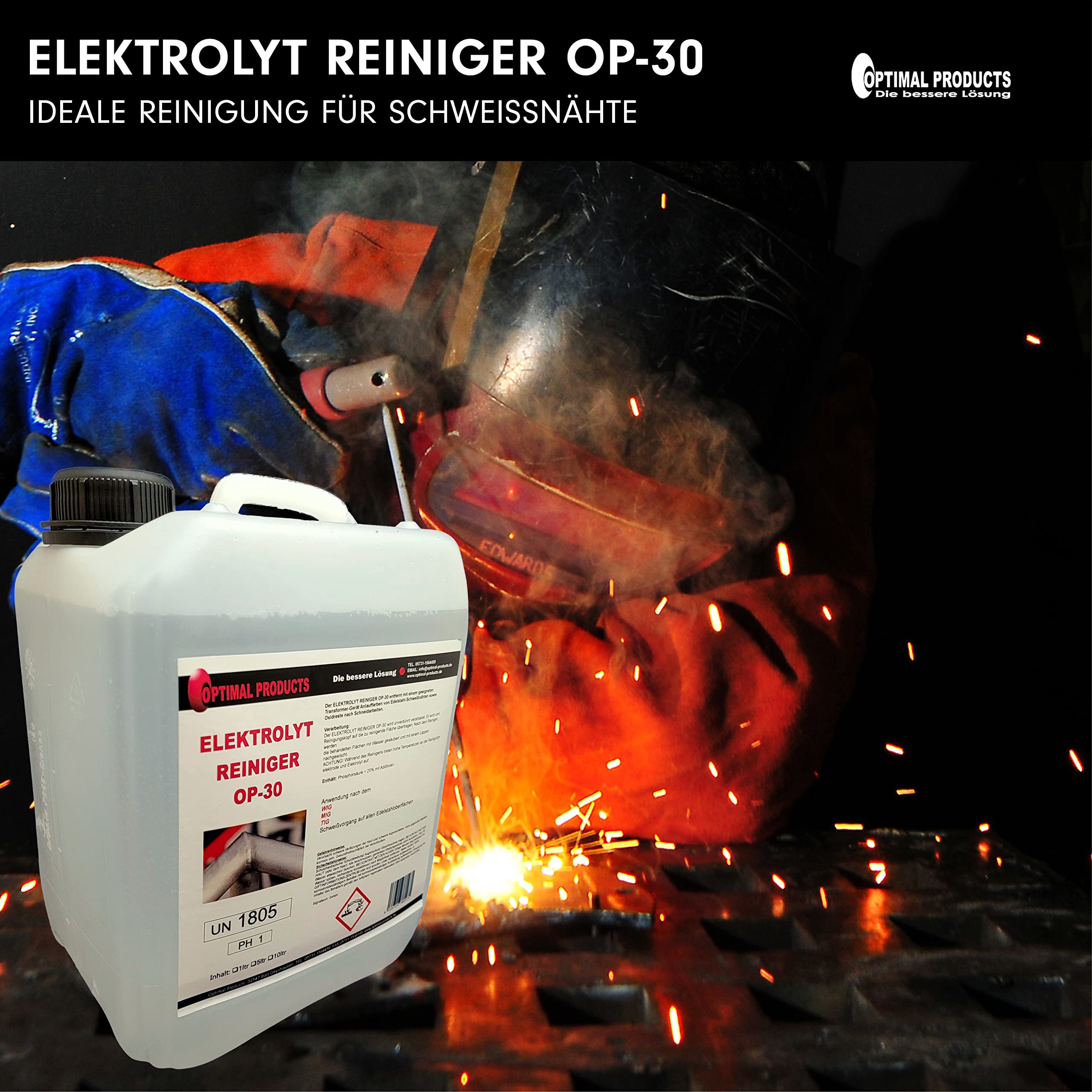 Optimal Products Elektrolytreiniger OP-30 I Zum Edelstahl beizen I Abbeizer für Lack Metall I Nach WIG MIG TIG Schweißen I Edelstahl Politur I 5L