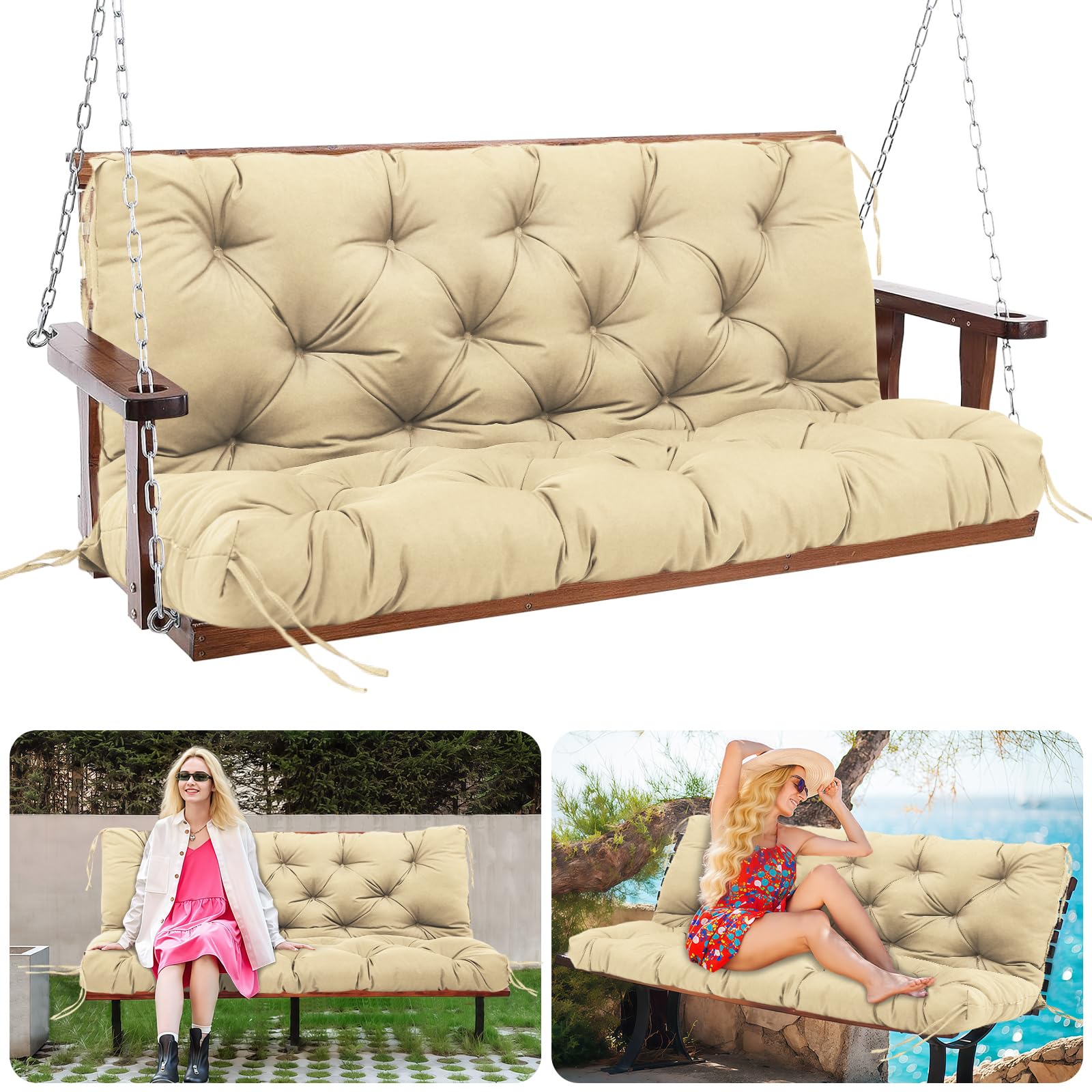 MQGHJ Garden Swing Cushions 12cm Thick Outdoor Swing Cushions 2 Seater 100cm Swing Seat Cushions Waterproof Garden Bench Cushions for Patio Porch Indoor(Khaki-100x100cm)