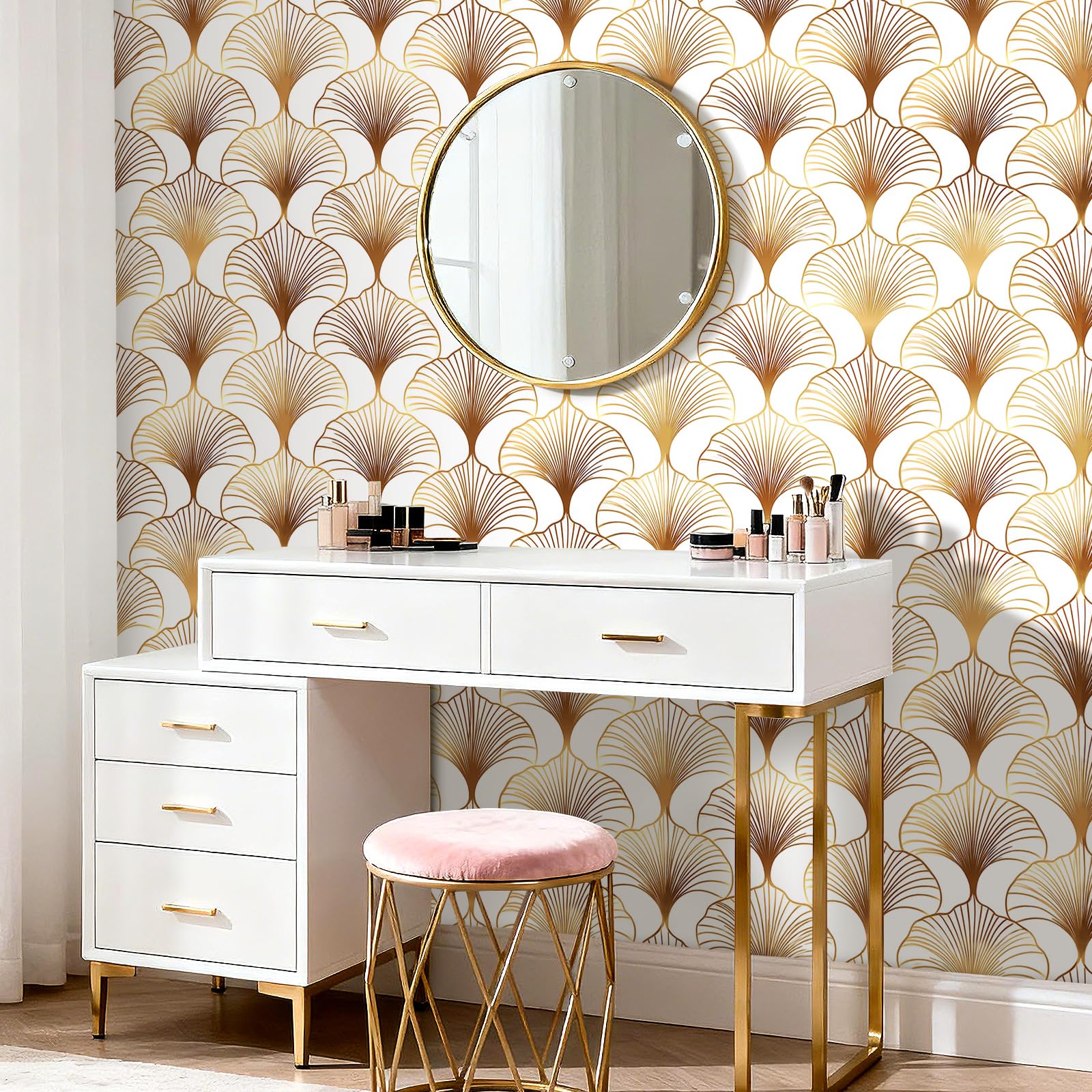 ReWallpaper Carta Da Parati Moderna Geometrica Oro 44.5CMx7M Rotolo Adesivo per Pareti Bagno Impermeabile Bianco e Oro Pellicola Decorativa Autoadesiva Cassetti Carta Da Parati per Corridoio