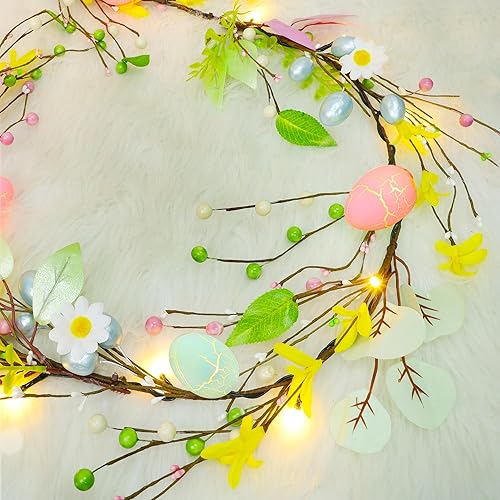 DR.DUDU Guirnalda de Pascua de 6 pies con huevos de Pascua, guirnalda floral artificial preiluminada, decoración de primavera para interiores y